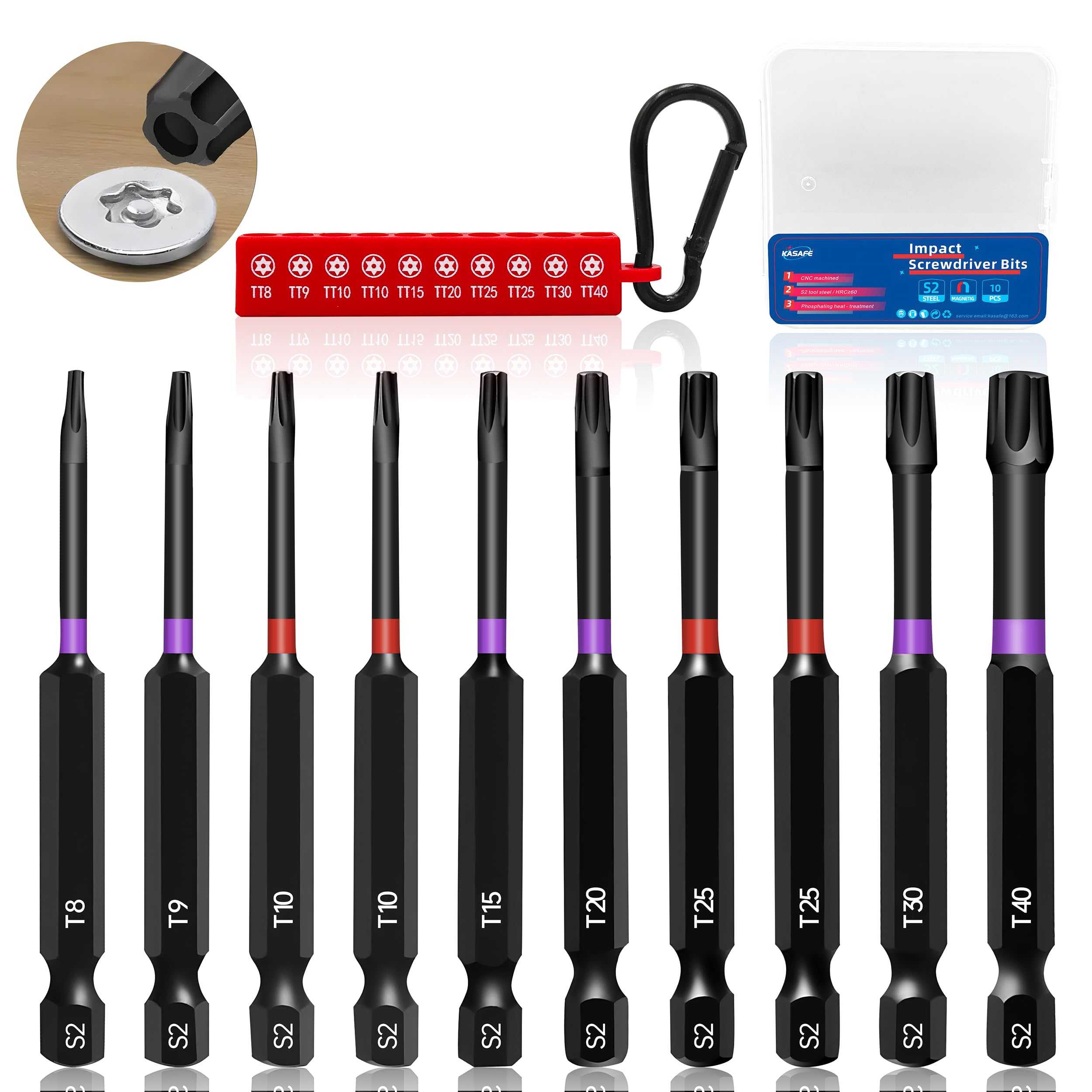 KASAFE 75mm Impact Magnetic Security Torx Bit Set S2 Steel T8-T40 1/4" Hex Shank Star Bits for Car Maintenance Woodworking Furniture Assembly Mechanical Repair Cabinet Installation