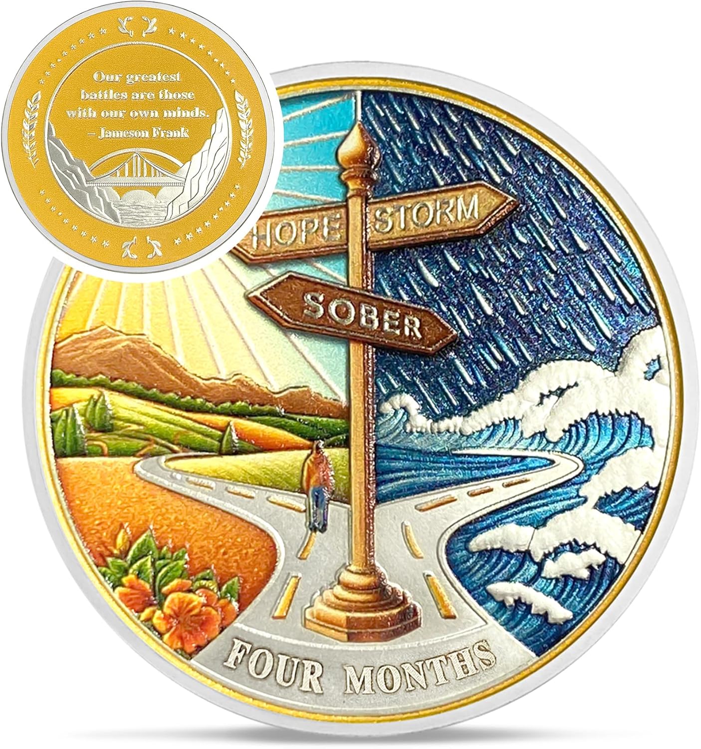 Hope Signpost 4 Month Sobriety Coin - Reborn from Storm AA Coins - 120 Day AA Chips and Medallions - 1-10 Years NA AA Celebrate Recovery Addicts - Narcotics Alcoholics Anonymous Gifts for Men Women