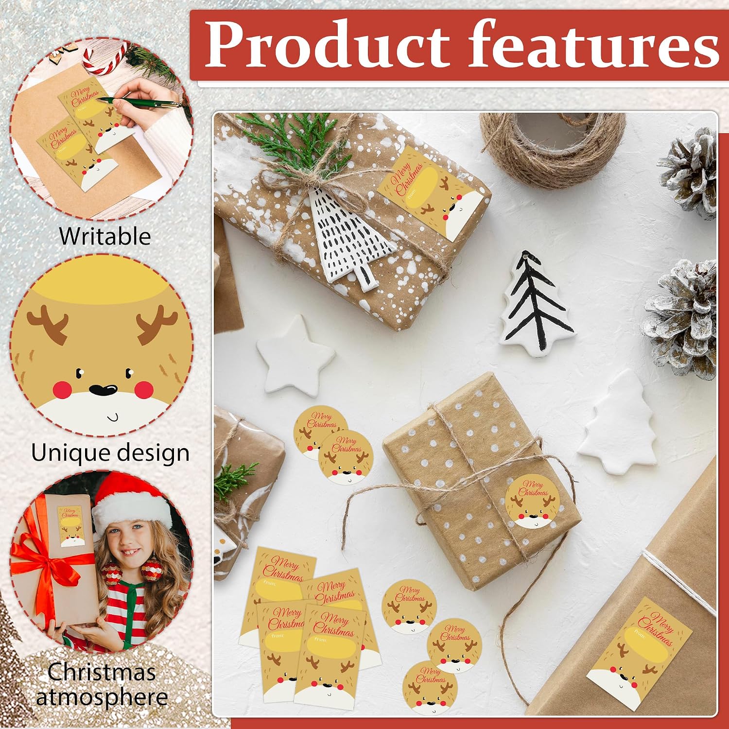 Yellow Christmas Gift Tags Stickers, Cute Reindeer Name Labels-Self Adhesive, 20 Round & 20 Rect Set for Gift Wrapping, Winter Holiday Party Favor Supplies Decor, Envelopes Seals-A17 image 3