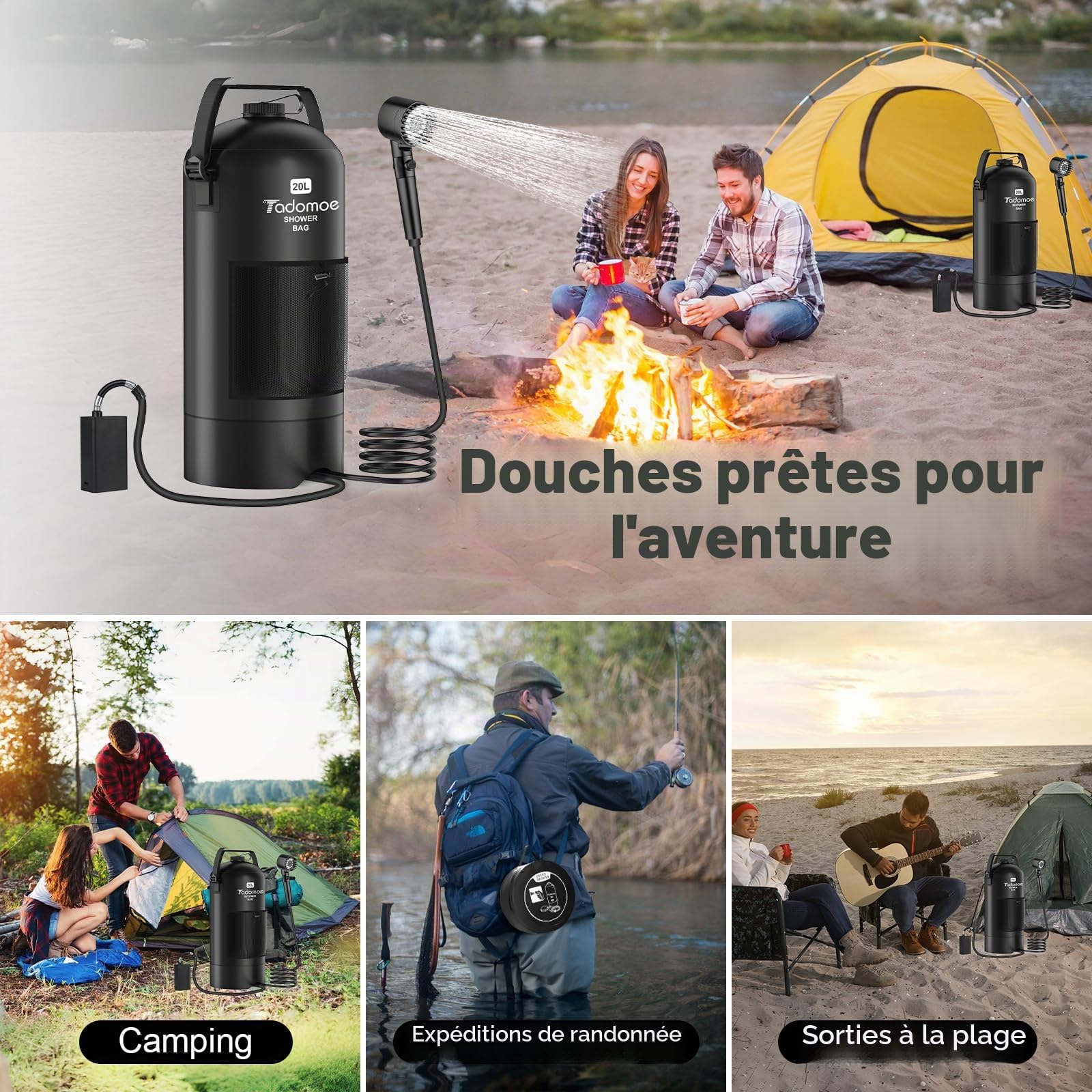 Douche portable pour camping, sac de douche de 20 litres pour le camping avec sac en maille, pompe à pied améliorée et pommeau de douche portable offrant une expérience de douche à domicile