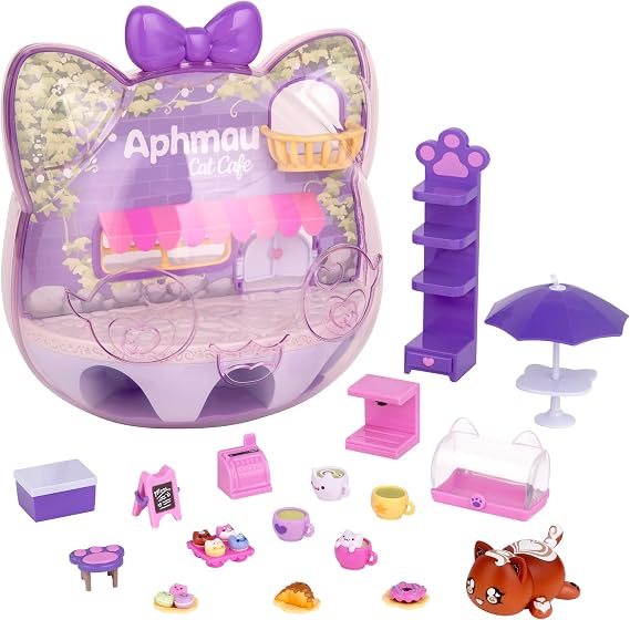 Aphmau Cat Cafe Surprise Set | 11 Cat-Shaped Display Case, 17 Mystery Surprises, Includes MeeMeow Figure, Dual-Sided Indoor/Outdoor Spaces