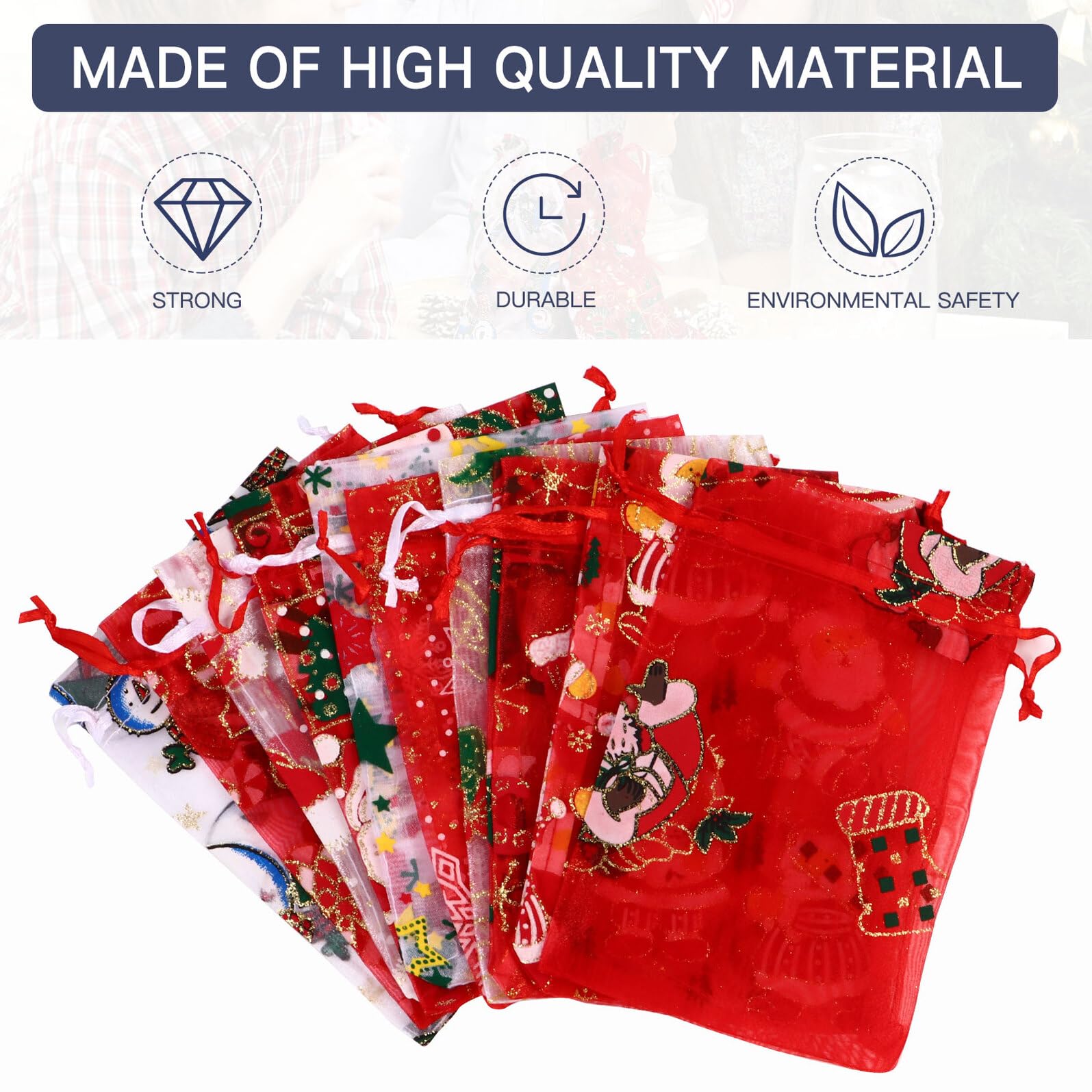 VILLCASE Sacchetti in Organza per Natale con Chiusura a Coulisse, 50 Pezzi, Design Variegato, Facile da Trasportare e Conservare, per Alberi di Natale e Festività Speciali