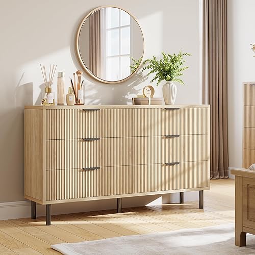 GarveeHome Oak Fluted 6 Drawer Dresser, Wide Wood Double Dresser with Metal Legs and Handles, Modern Chest of Drawers with Anti-Tipping Design for Bedroom Living Room, Hallway