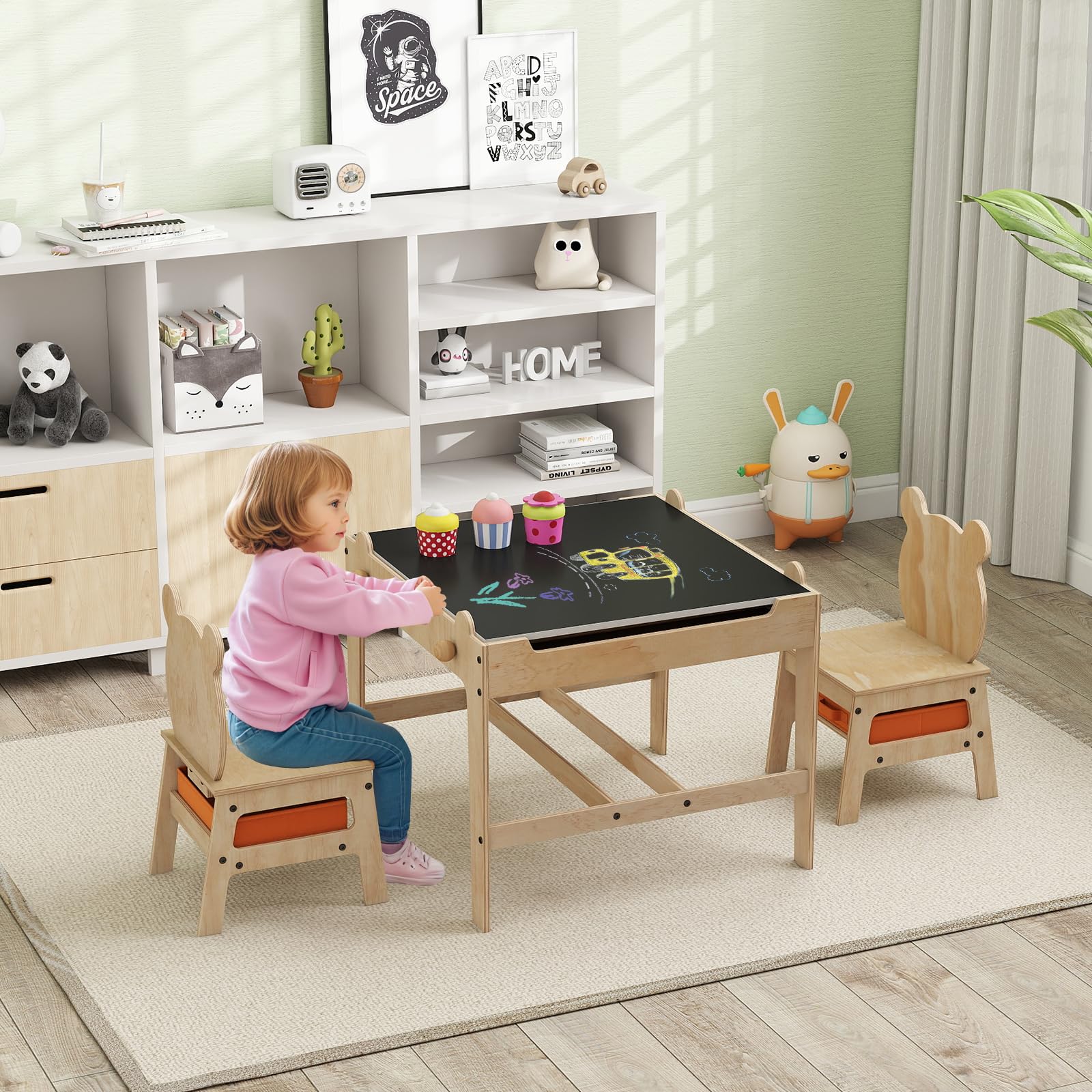 LIFEZEAL Kindertisch mit 2 Stühlen, Kinder Spieltisch mit wendbarer Tafel & Stauraum, Kindersitzgruppe Holz mit niedlichen Mustern, Multifunktionale Sitzgruppe für Kinder ab 3 Jahren (1, Panda)