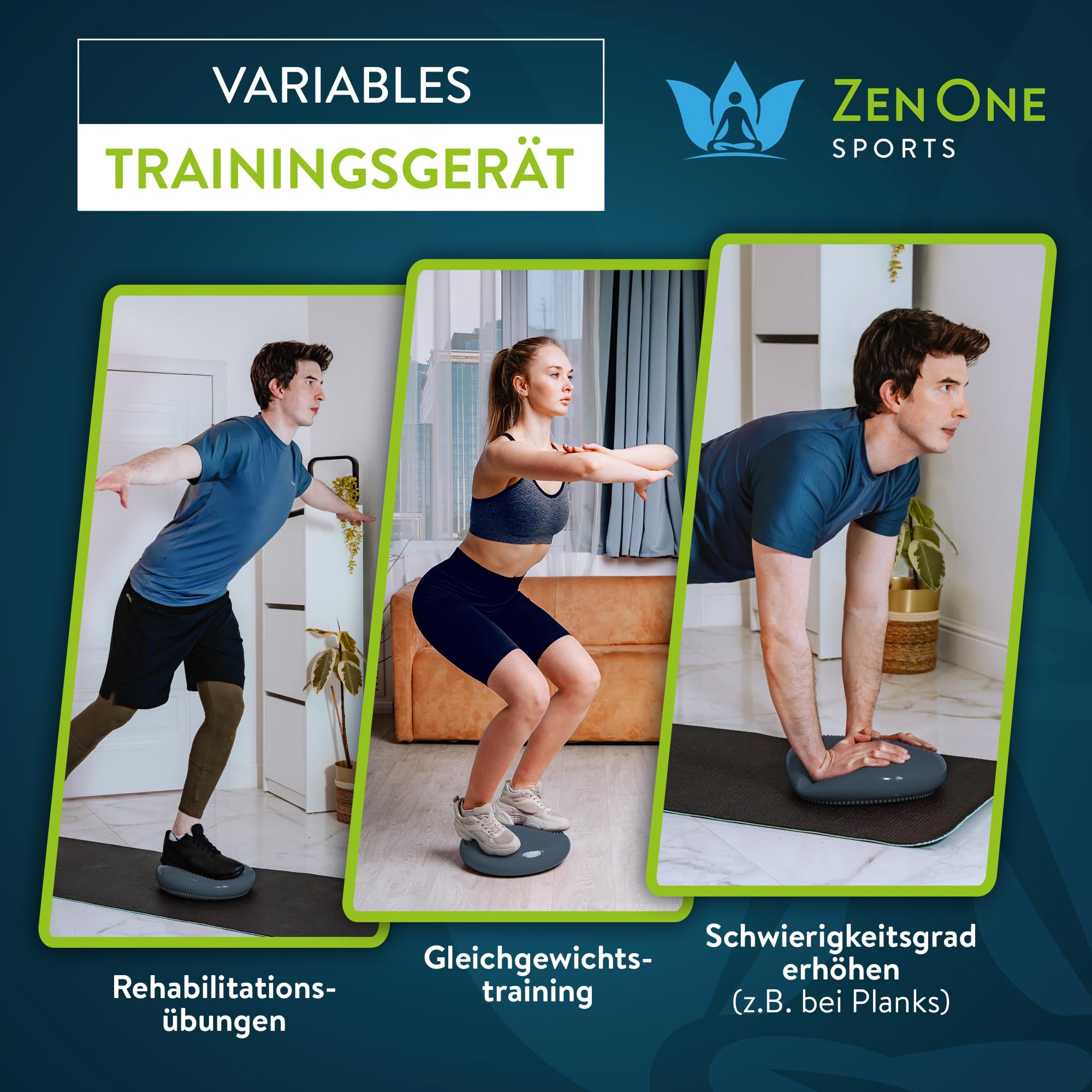 ZenBalance Cuscino Propiocettivo, Cuscino Ortopedico per Riabilitazione, Disco Propiocettivo Gonfiabile per Postura, Balance Board per Sport & Fisioterapia, incl. pompa, e-book, 33 cm (Blu navy)