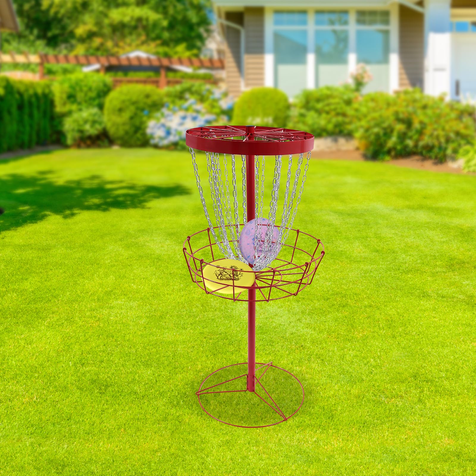 Disc Golf - Cesta de golf independiente con 24 cadenas, disco portátil, objetivo para ejercicio al aire libre, 64,5 cm de diámetro, con 4 clavos de suelo, adecuado para principiantes y