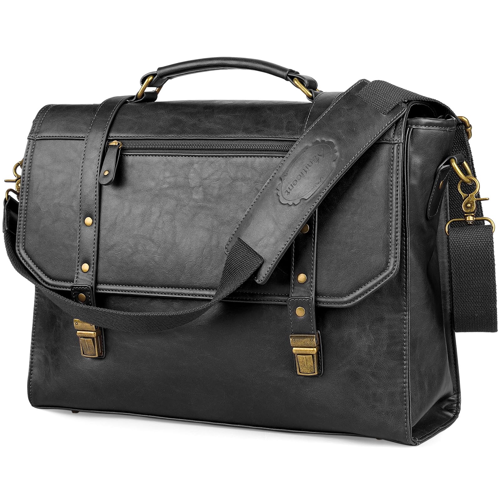 Mens messenger bag 15.6 inch, Waterproof Faux Leather Laptop Briefcase Large Computer Laptop Bag Leather Satchel Bag Retro Shoulder Bag for Office Business Travel College Black