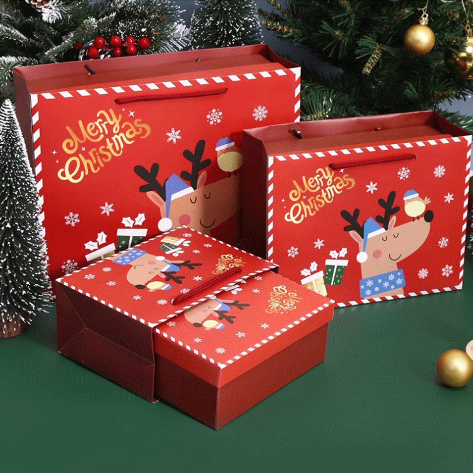 (Tres juegos) bolsas de regalo, cajas de regalo, bolsas de regalo de papel con asas, bolsas de papel navideñas, bolsas de dulces, bolsas de regalo