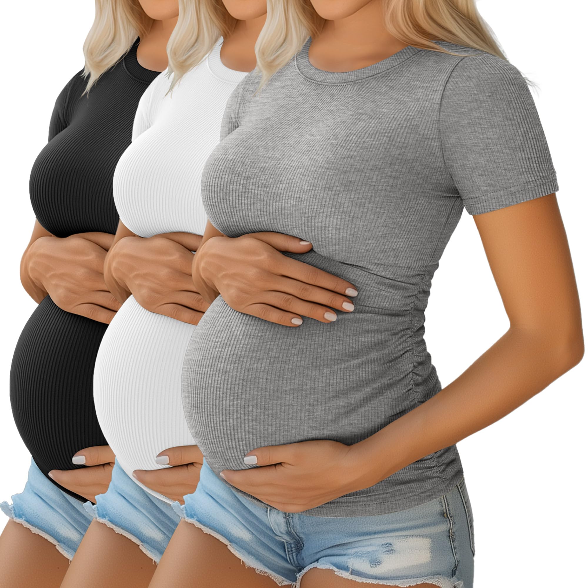 Ficerd Pack de 3 Chemises de Grossesse en Coton, Manches Courtes, Plissé Latéral, Tissu Rayé
