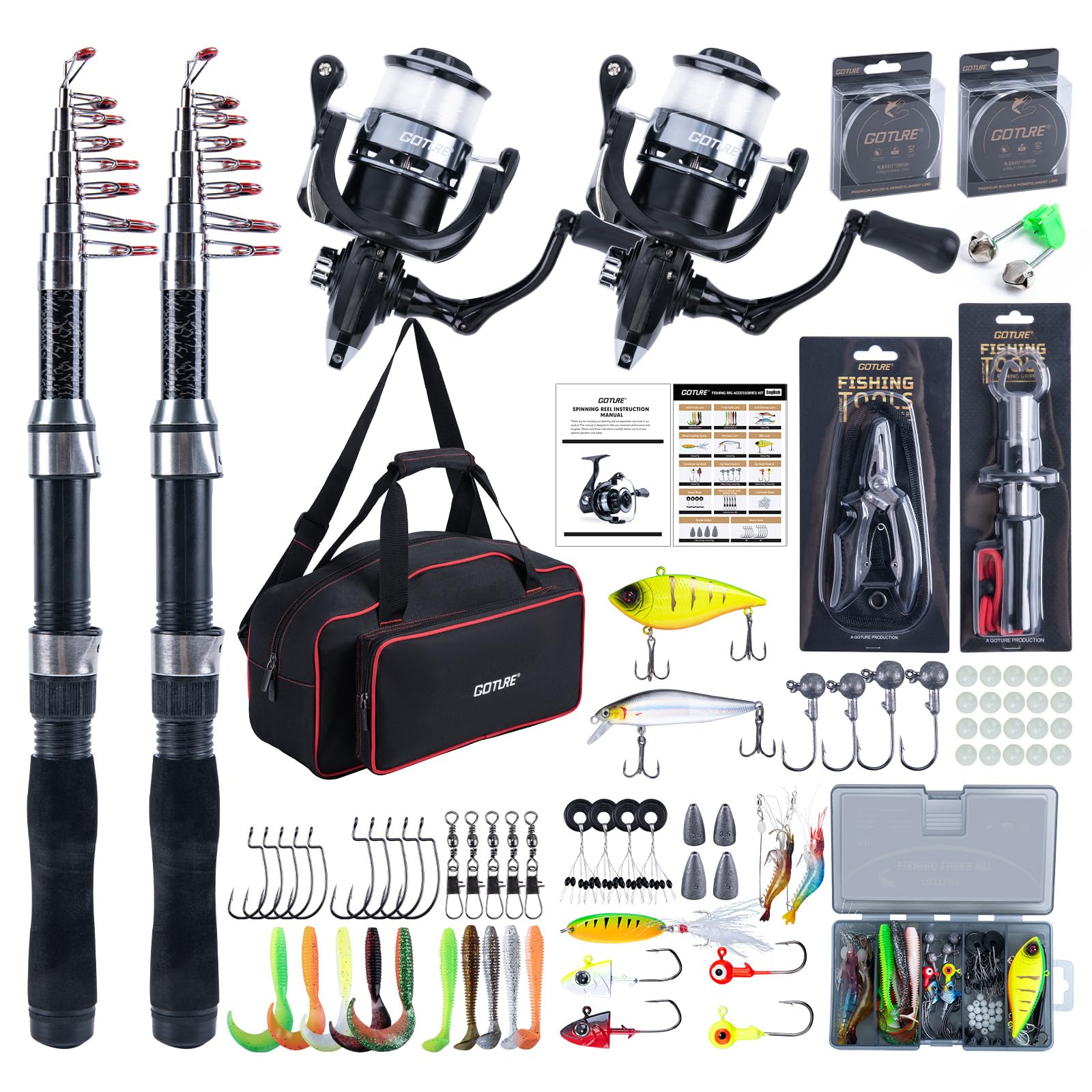 Goture Telescopic Fishing Rod and Reel Combo,900D Oxford Bag 2PCS Telescopic Fishing Pole + 2PCS Pre-Loaded Spinning Reels, Travel Fishing Rod Combo for Starter Saltwater Freshwater 2.3M B2