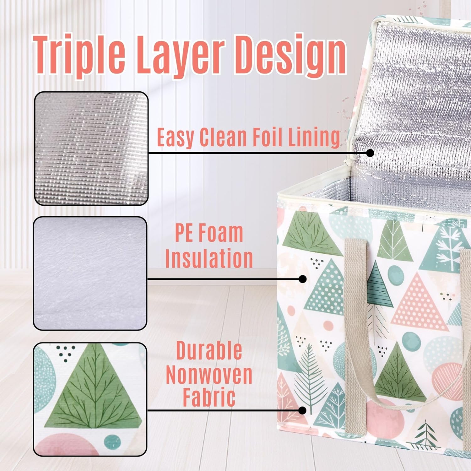 VENO 2 Pack Insulated Cooler Bag Reusable Grocery Shopping Bag, Food Delivery, Heavy Duty, Large Size, Durable Handles, Double Zippers, Lid, Collapsible (Pastel Forest, 2 Pack) - Image 3