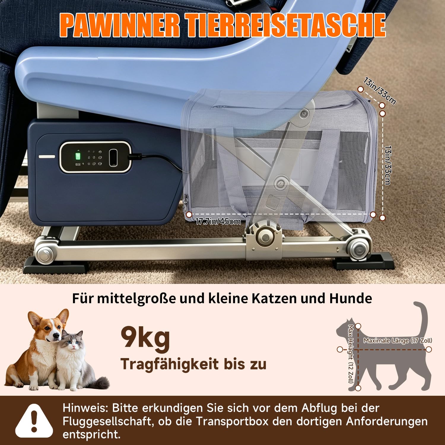 Przestronna skrzynia transportowa dla zwierząt domowych na kółkach, 45 x 33 x 33 cm, dopuszczona do użytku w samolocie, do 9 kg, stabilna, składana torba transportowa dla kotów z bocznym