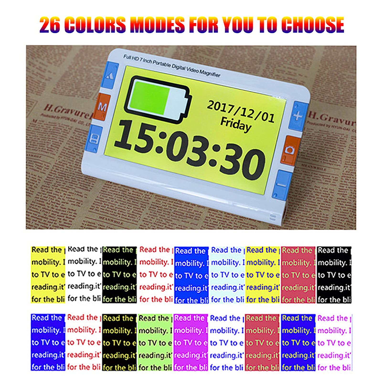 Lupa digital de lente dual de 7.0 pulgadas para baja visión, lupa electrónica de ayuda de lectura móvil, zoom 2X-32X y 26 modos de color, congelación de imagen y panorámica de imagen, salida AV/HDMI