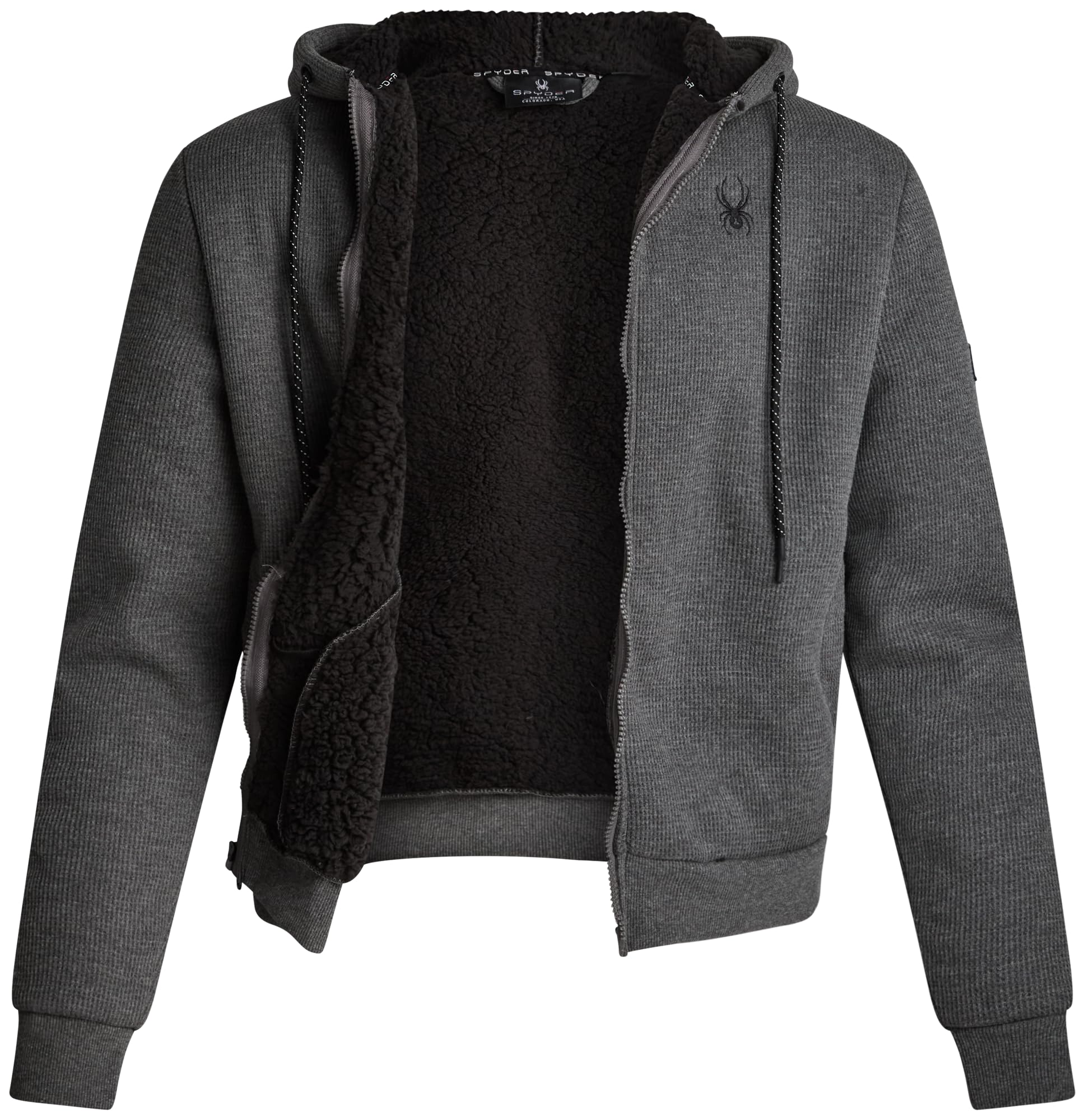 Spyder Men's Charcoal Heather Sherpa Fur Hoodie - Full Zip Up Lightweight Soft Sherpa Lined Waffle Knit Sweatshirt Jacket For M