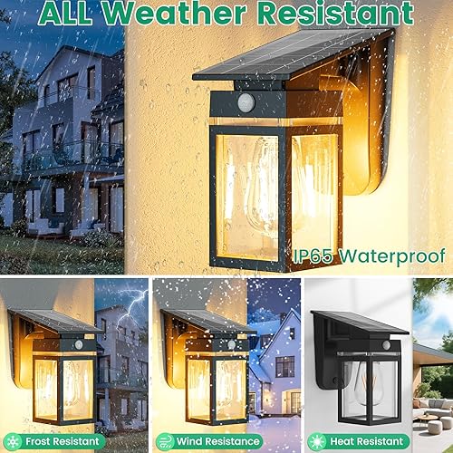 Miniatura 8 de Paquete de 2 luces solares de pared para exteriores, bombilla E26, sensor de movimiento, luces solares de porche del atardecer al amanecer con 3