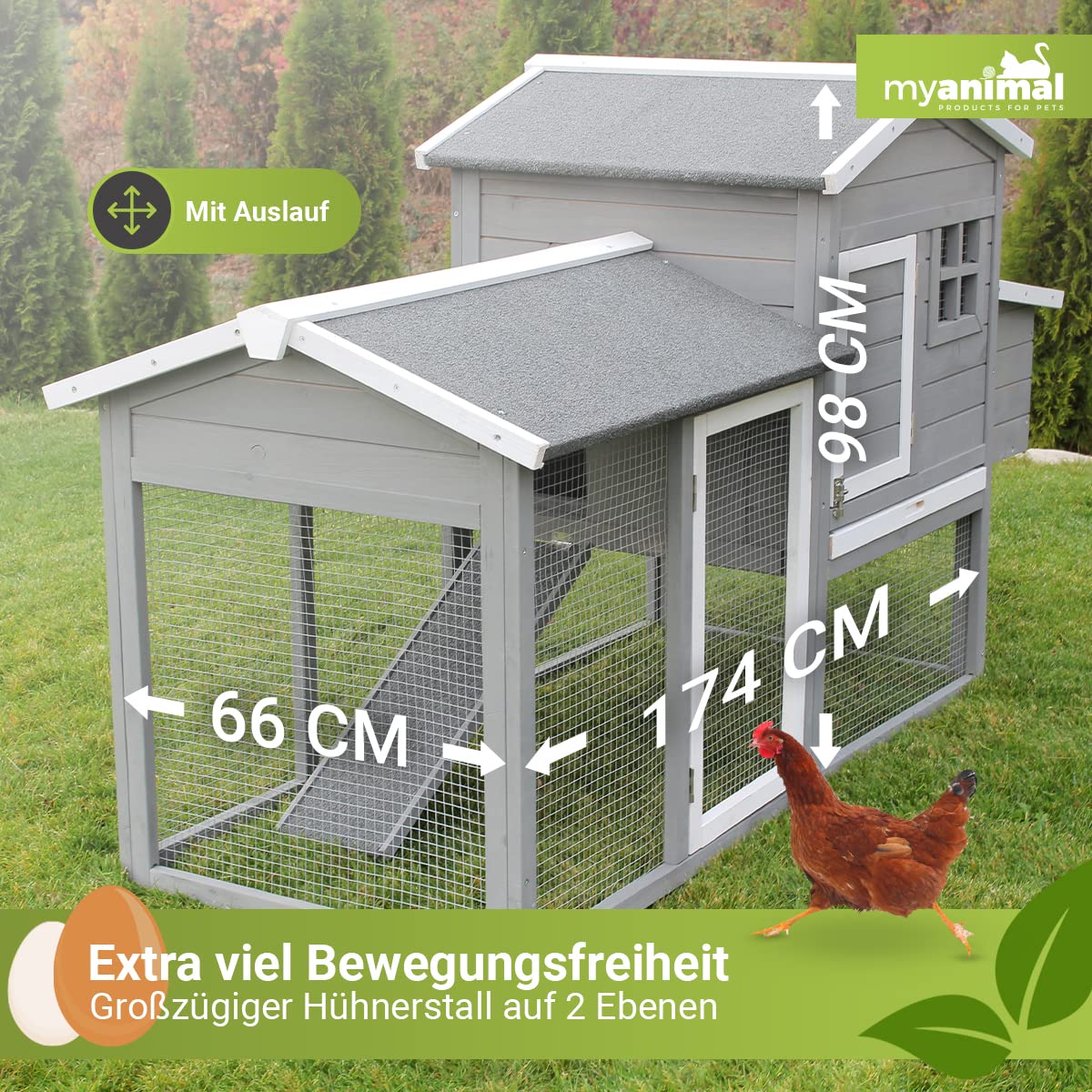 Miweba MyAnimal Hühnerstall MH-21 XXL | 174x66x98 cm - Für 3 Hühner - Nistkasten mit Freilaufgehege - Sitzstange - Winterfest - 2 Ebenen - Hühnerhaus mit Eiablage - Kiefernholz - Voliere (Grau)