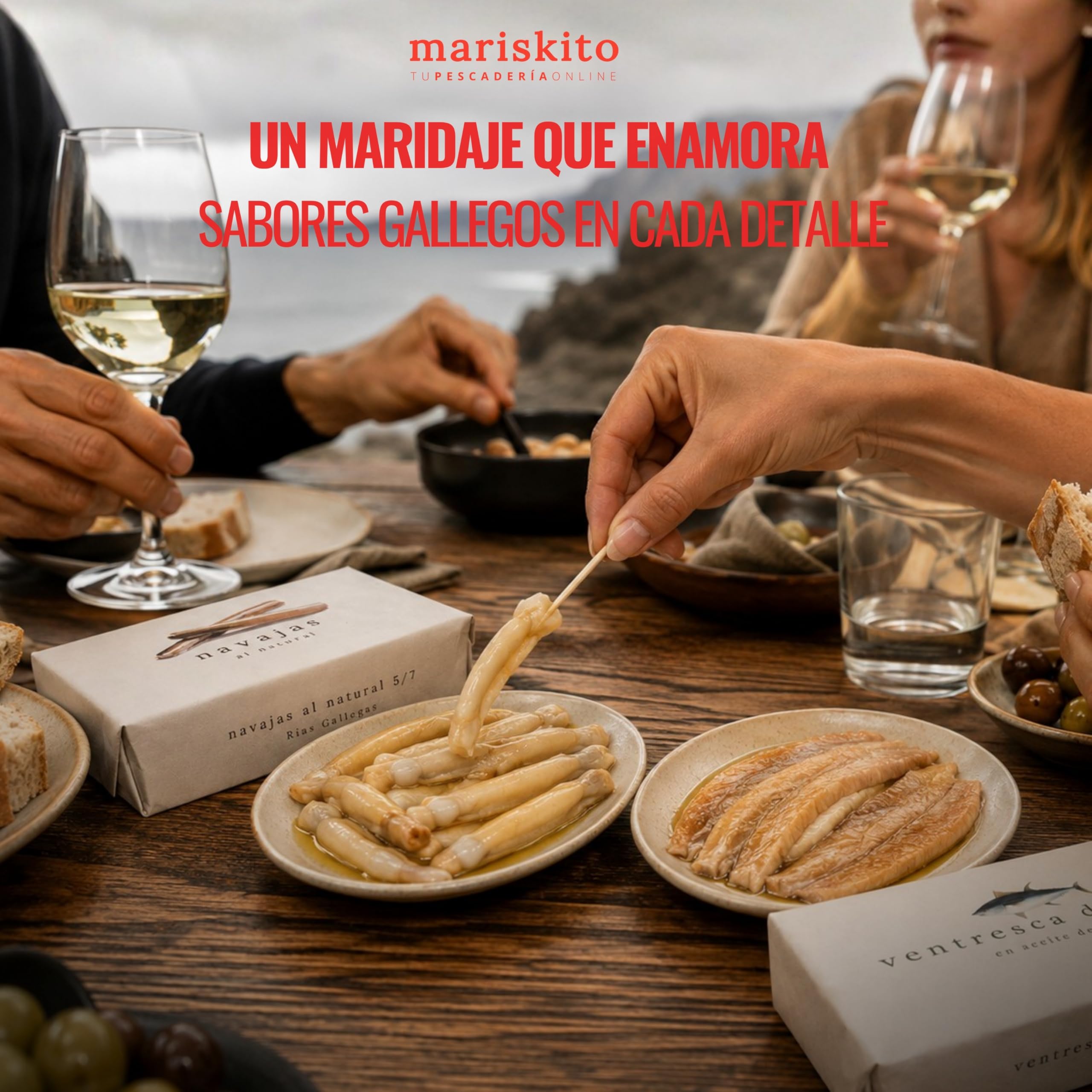 MARISKITO | Pack Conservas Gourmet Gallegas “La Mar de Sensaciones” – Caja Regalo - 6 Conservas Premium – Mejillones, Pulpo, Navajas, Zamburiñas, Ventresca y Sardinillas – Estuche Delicatessen