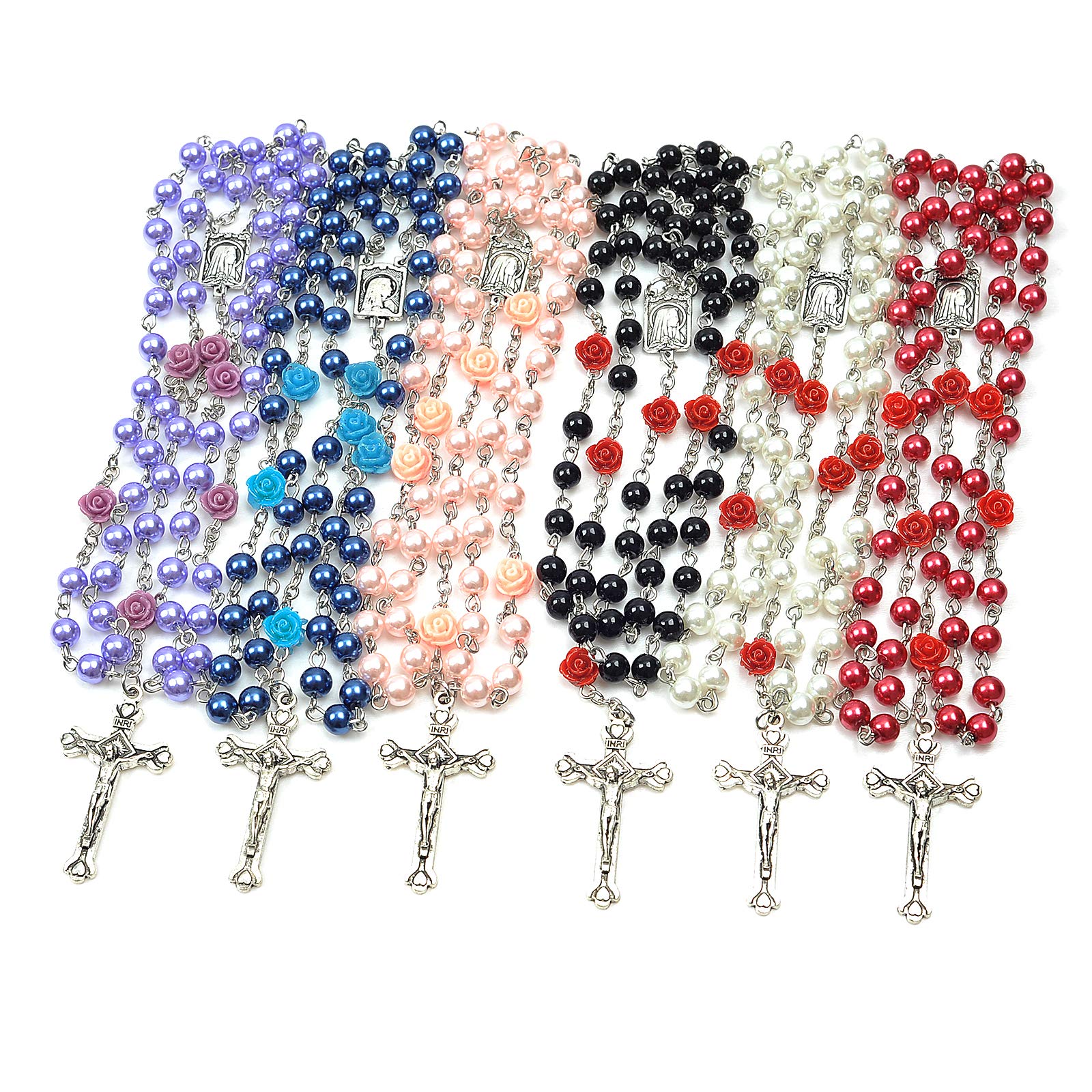 AleapDoll6 Pack Rosary Pearl Beads Catholic Necklace with Jesus Christ Crucifix Cross First Communion Gifts Confirmation Gifts for Girls Teens Women Men (White, Pink, Black, Red, Purple, Royal Blue)