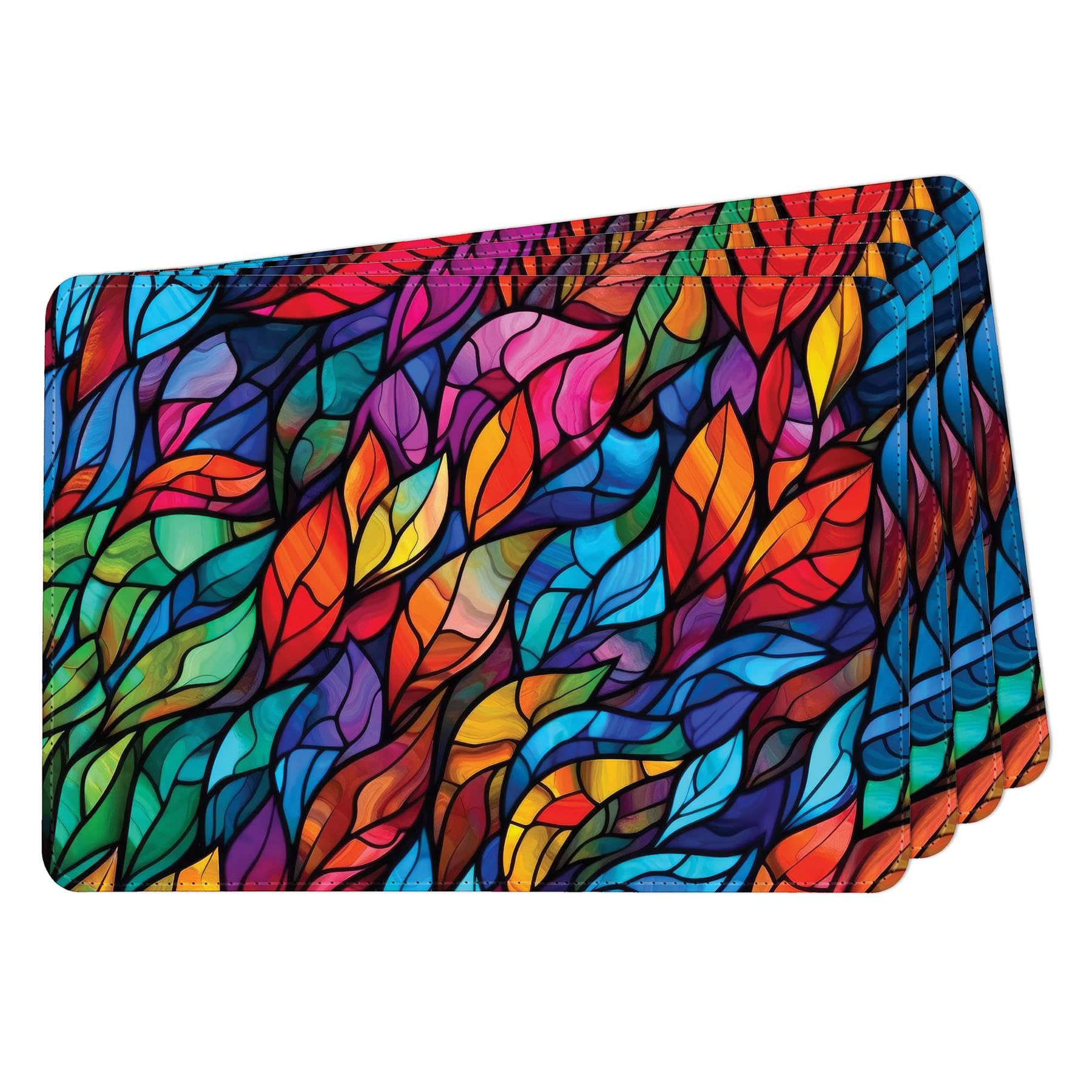 Set of 4 Faux Leather Placemats - Stained Glass Pattern - Waterproof Wipeable Dining Table Mats, 28 x 20cm