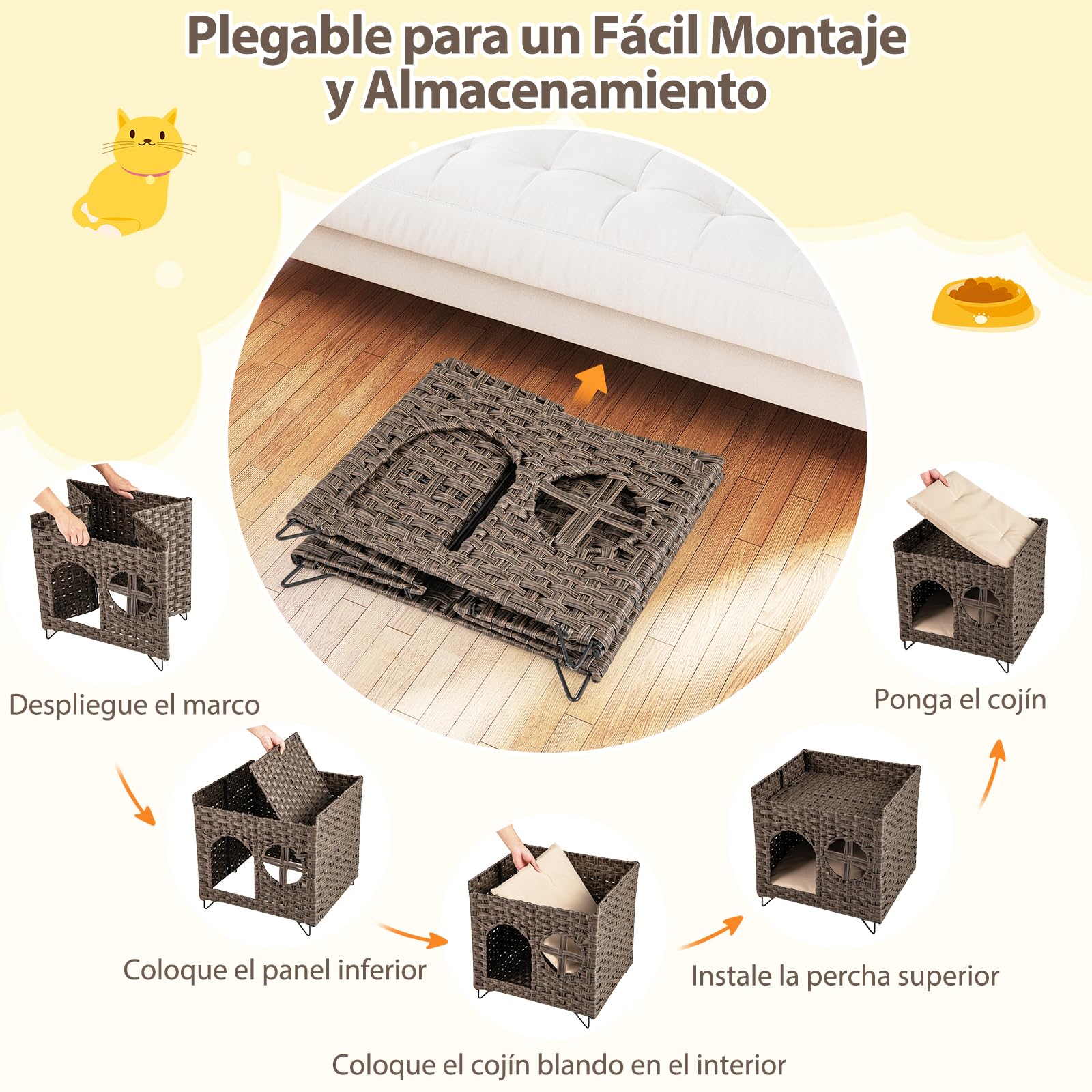 COSTWAY Casa Plegable de 2 Niveles para Gatos, Condominio de Ratán con Percha Elevada, Cueva para Esconderse, Cojines Extraíbles, Mueble para Mascotas de Interior y Exterior, Mesita Auxiliar