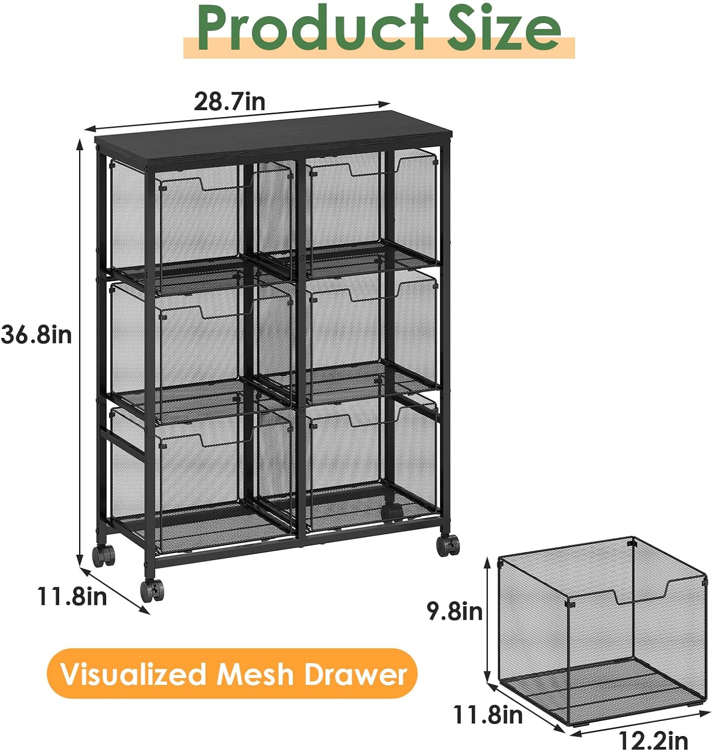 Sbanmao 6 Drawer Lateral File Cabinet with Wheels, Mobile File Cabinet & Printer Stand, Heavy Duty Wood Top for Large Printers, Under Desk Storage Cabinet Fits Letter Size Files for Home Office, Black image 2