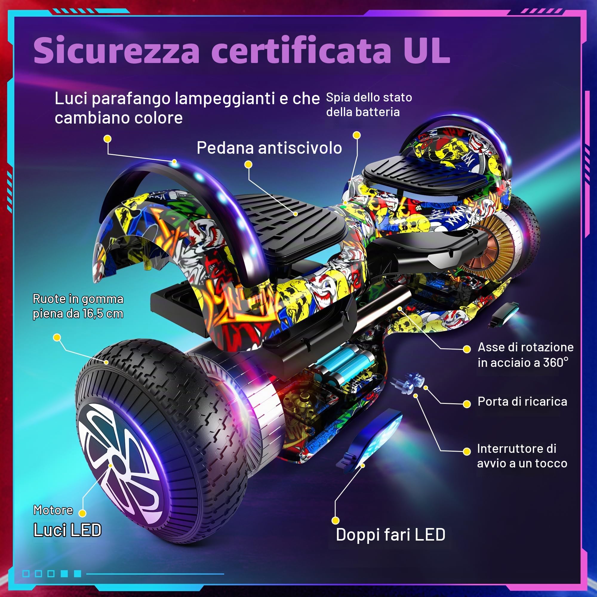 SISIGAD Hoverboard, 6.5 inch Self Balancing Scooter with Bluetooth LED Lights, Hover Board for Kids