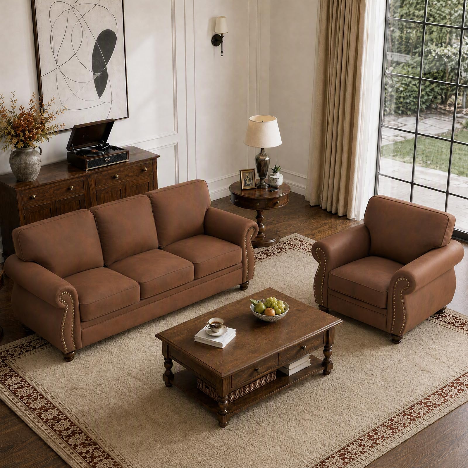 Couchus 88" W Living Room Furniture Sets, 3-Seater&amp;Single, Caramel Rust