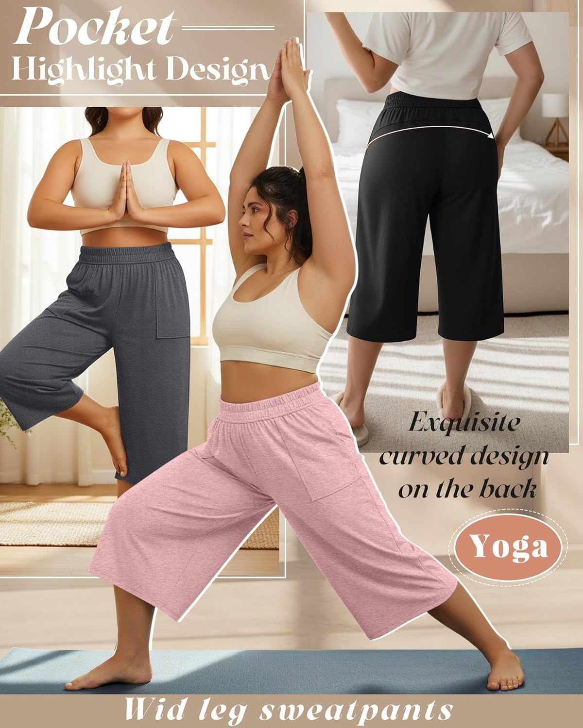 Neer 3 Pack Women Plus Size Capris Cotton Wide Leg Cropped Pants Casual Elastic Waist Loose Fit Lounge Sweatpants with Pocket - Image 3