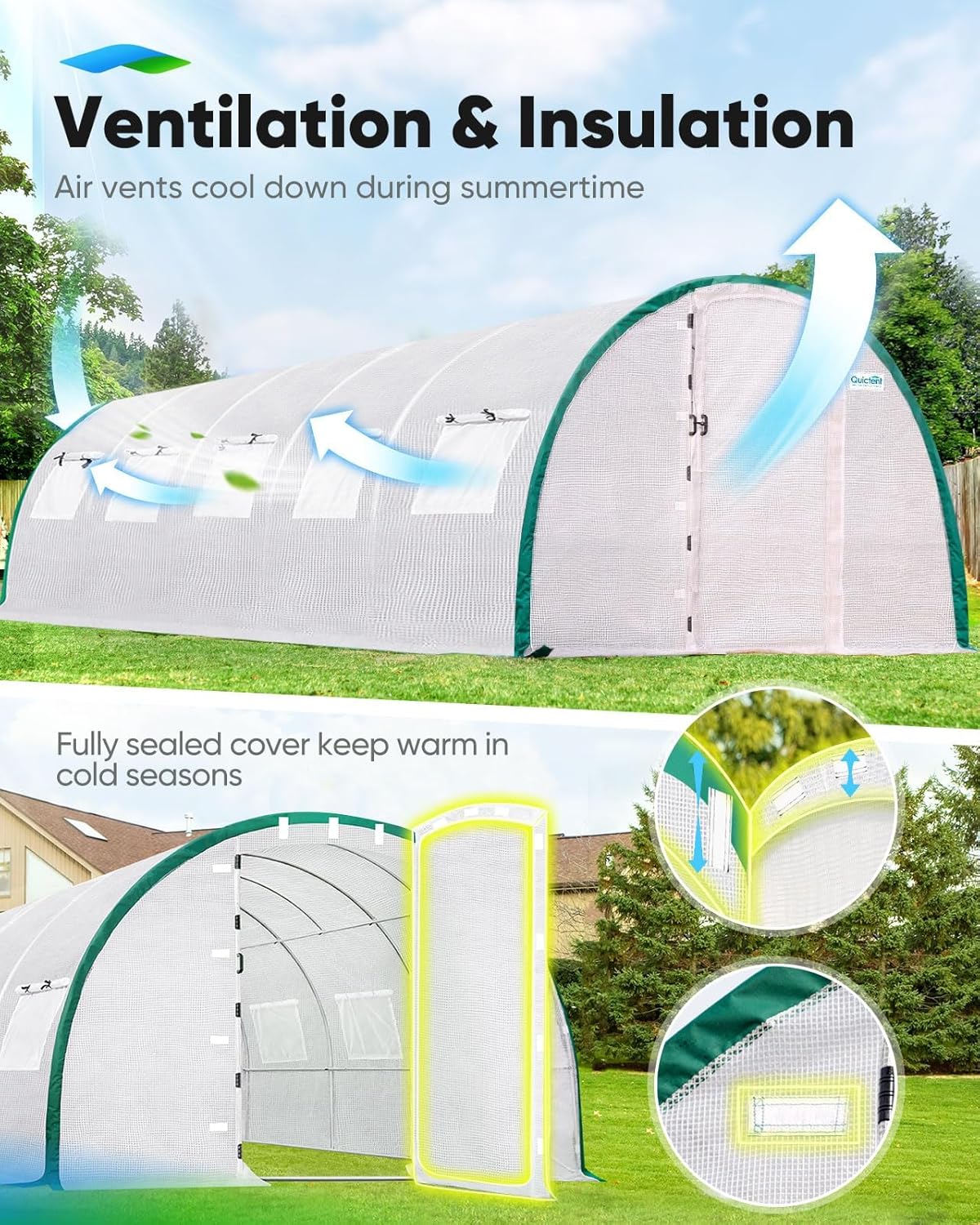 Collage of images showing details of the Quictent greenhouse cover: tear-resistant Oxford hem, mothproof screen windows, extra-wide fasteners, and maximum cover extension.