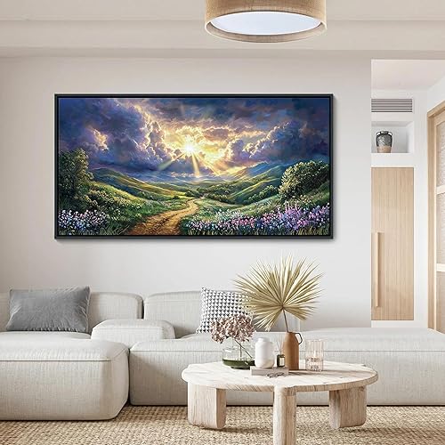 Miniatura 2 de HKDGOKA Arte de pared de paisaje grande, montañas verdes, nubes moradas, flores, paisajes, lienzos, pinturas enmarcadas para sala de estar,