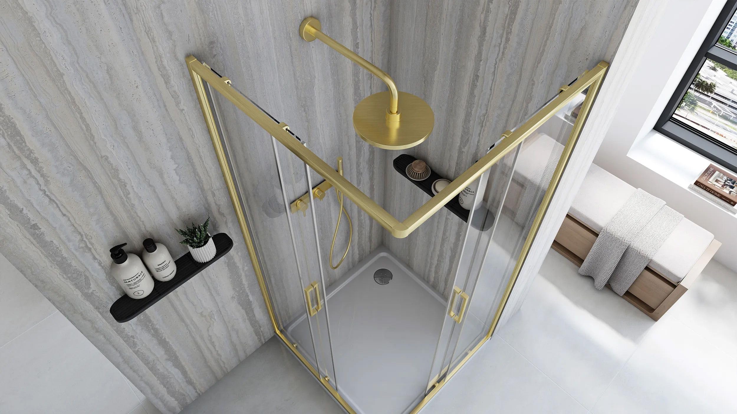 Rea - Box Doccia City 80X80 Gold Brush Cabina Doccia Con Piatto Doccia Savoy Vetro Di Sicurezza Temperato Transparent 4mm, 5mm (D'Oro)