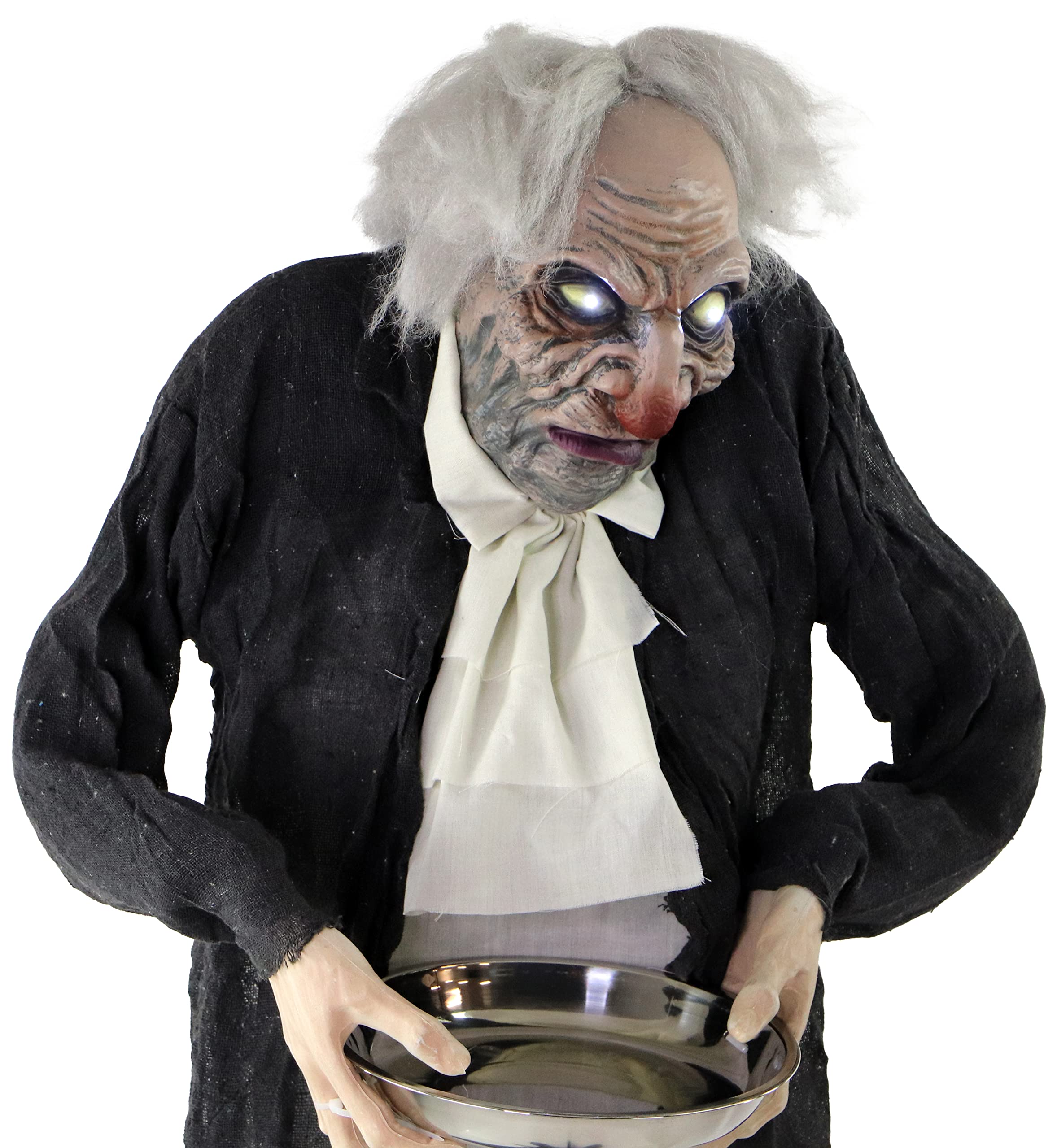 Haunted Hill Farm HHMAN-1FLSA Life-Size Animated Moaning Butler Prop Holding Silver Tray, Battery-Operated Indoor/Outdoor Halloween Decoration, Color 1