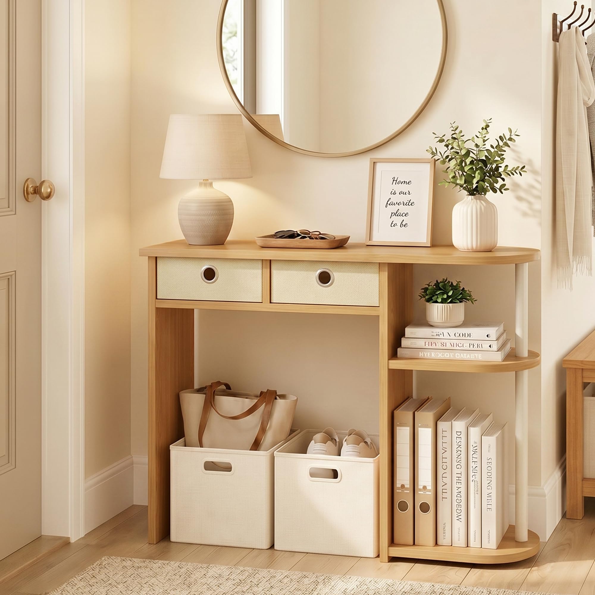 Furinno JAYA 81.3cm Oak Entryway Table with 2 Fabric Drawers, Console Table with Open Shelves, Behind Sofa Couch Tables, for Living Room, Entryway, Hallway, Beech