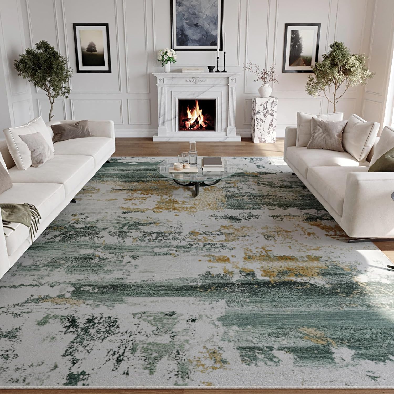 Kelarea Washable Area Rug for Living Room, 8x10 Non Slip Modern Abstract Green Rugs, Easy Clearning Low Pile Large Carpet for Bedroom, Dining Room, Nursery, Home Office 8' x 10' (Rectangular) Green