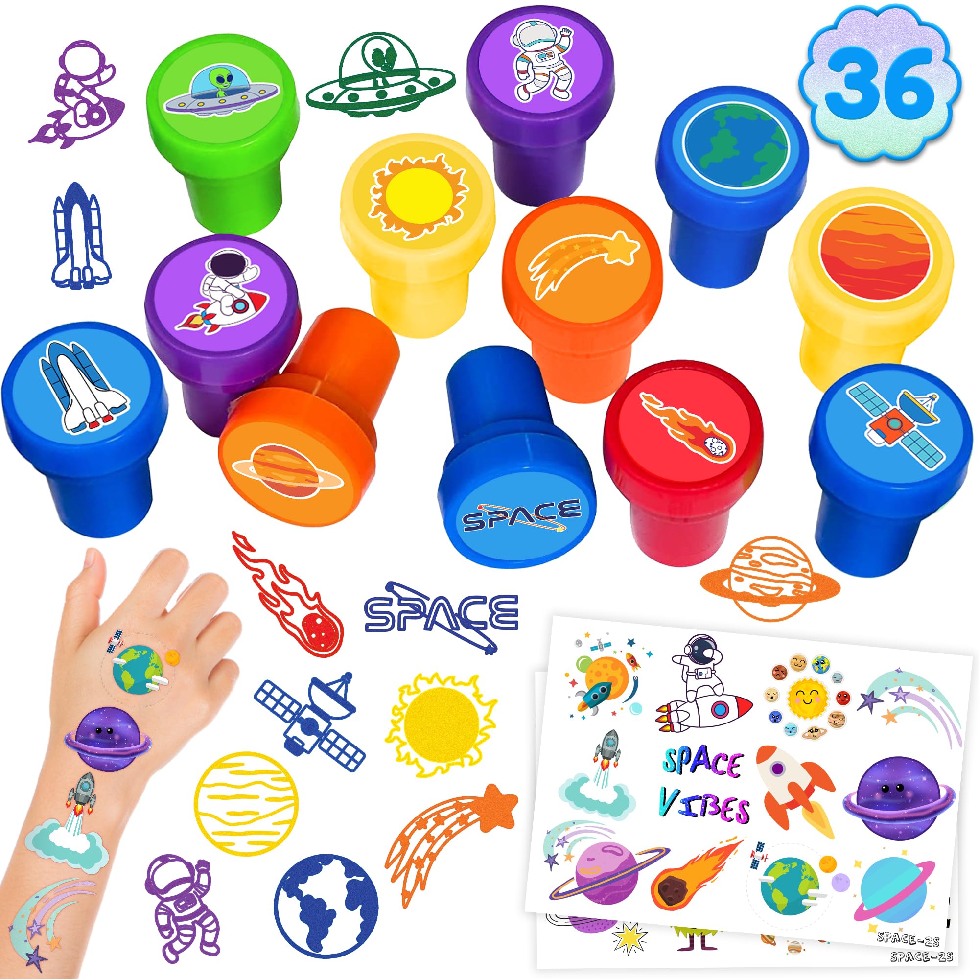 36PCS Space Party Favors - 24PCS Temporary Tattoos & 12PCS Stamps - Ideal Astronaut Galaxy Themed Birthday Card Decorations Supplies Goodie Bag Cute