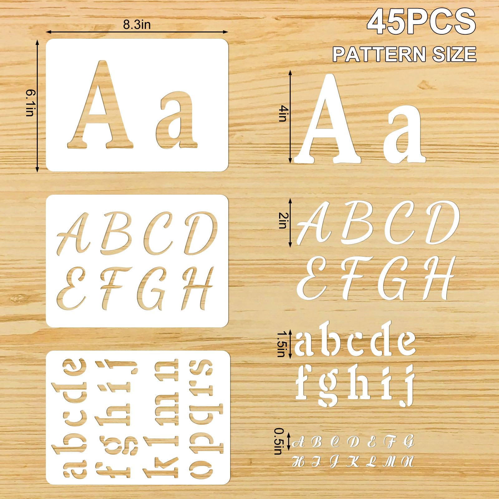 JarThenaAMCS Buchstabenschablonen zum Bemalen von 1/2, 1, 3/2, 2, 4 Zoll, wiederverwendbare Kunststoff-Zahlen-Alphabet-Schablonen für Bastelbedarf, 45 Stück