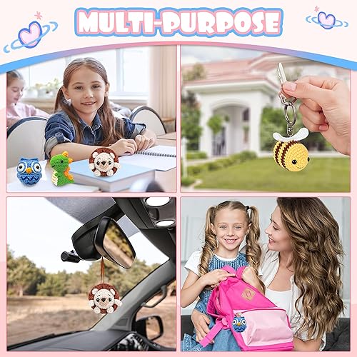 Miniatura 7 de Juego de ganchos de ganchillo para principiantes, hechos a mano, divertidos dijes de bricolaje, serie de animales, erizo, dinosaurios, búho, abeja,