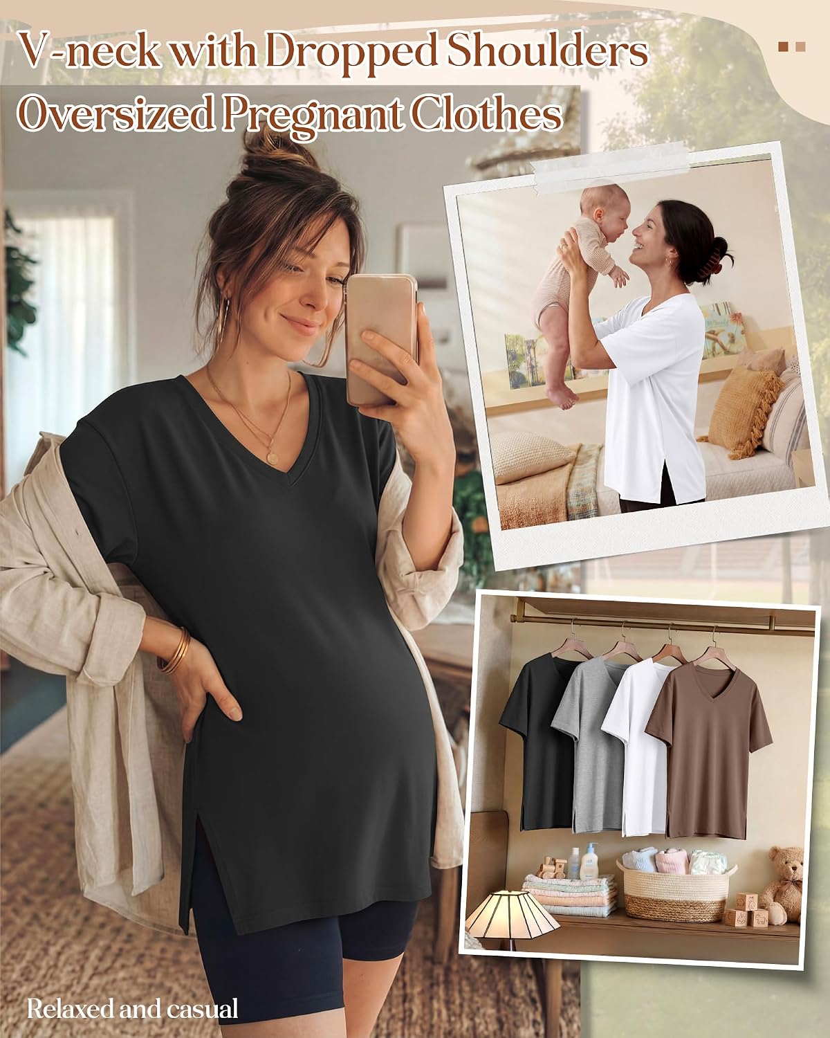 Huukeay 4 Pack Women's Maternity Shirts Loose Fit Summer T Shirts Pregnancy Tunic Tops Side Split Oversized Pregnant Clothes