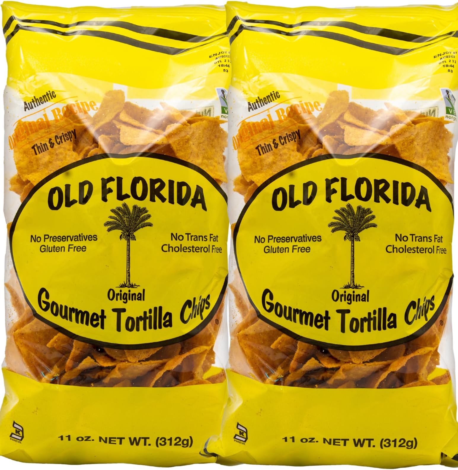 Old Florida Gourmet Original Tortilla Chips, 11 OZ - Pack of TWO (2) - Original Thin & Crispy Non-GMO Recipe