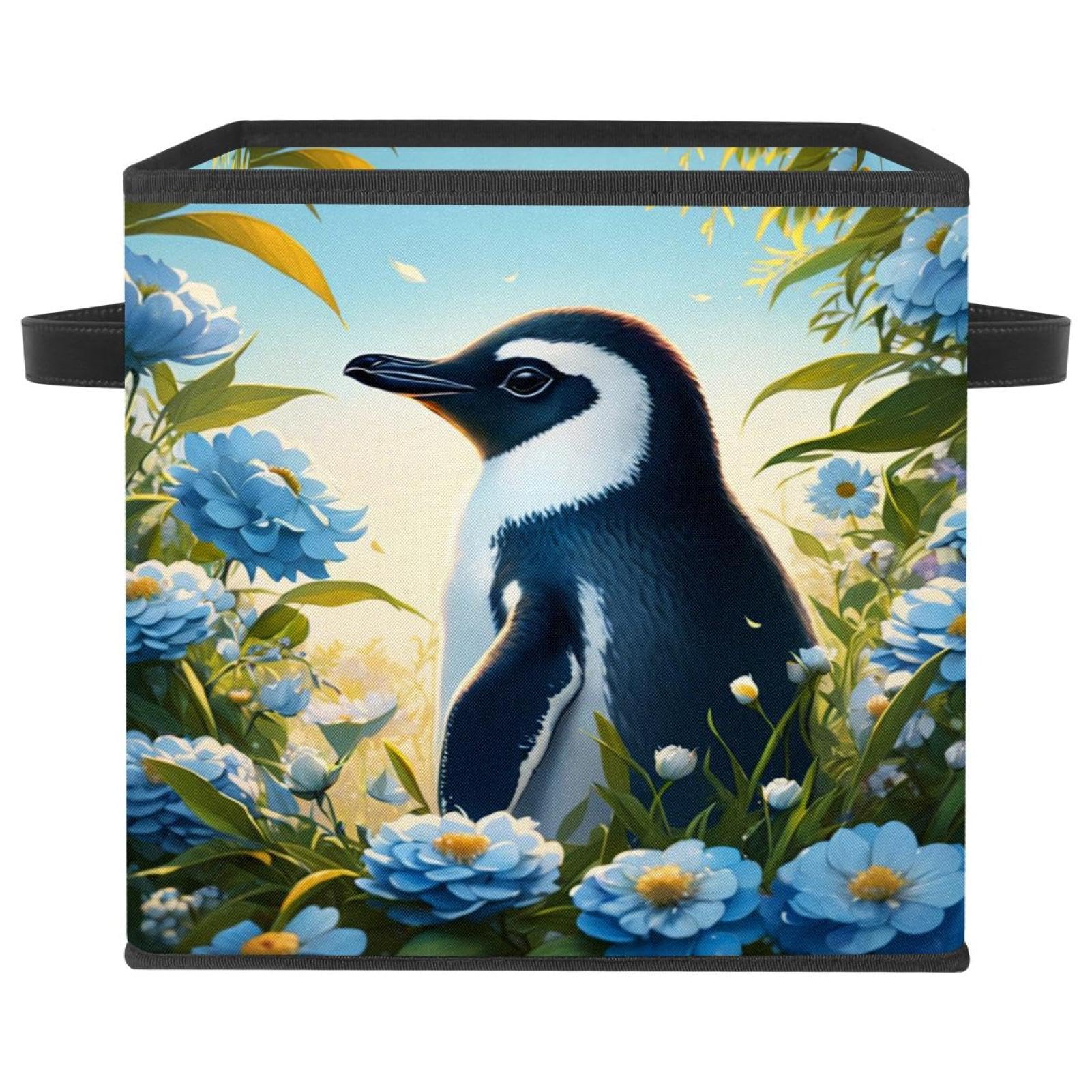 Boîte de rangement pliable motif pingouin avec finitions en cuir
