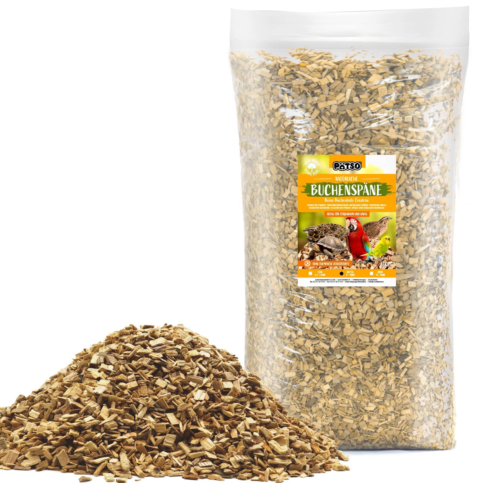 15kg Buchenspäne Einstreu für Terrarium, Stall, Voliere - FEIN MITTEL GROB - Natürliche Buchenhack geeignet für Reptilien, Nager, Vögel (MITTEL 6,0-10,0mm) | FEIN, MITTEL, GROB