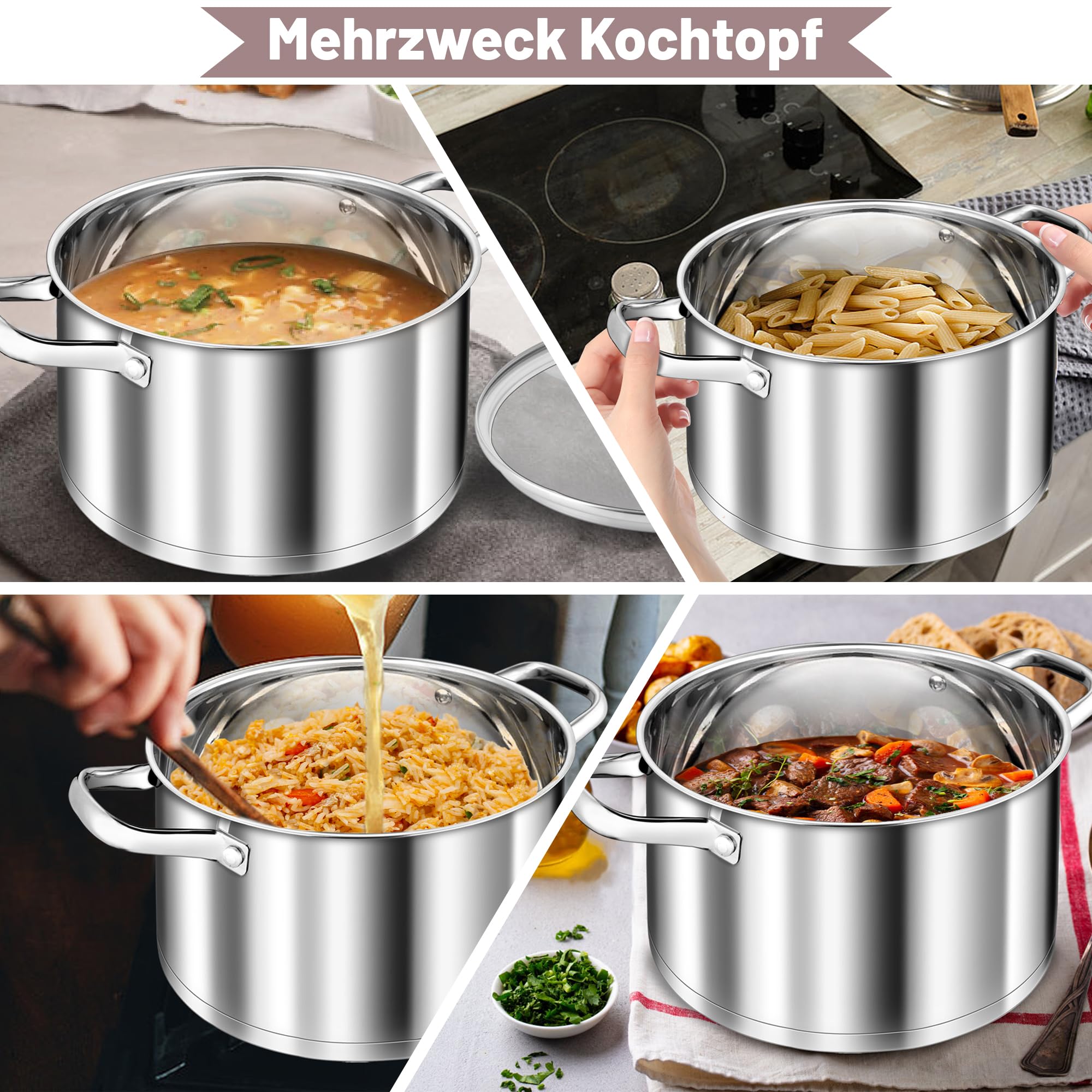 TEAMFAR Kochtopf Groß, 7,6 Liter Edeastahl Topf Suppentopf Induktion, Glasdeckel, 3-Lagen Boden für alle Herdarten, 26cm Nudeltopf Fleischtopf zum Kochen, Unbeschichtet & Ungiftig, Spülmaschinenfest