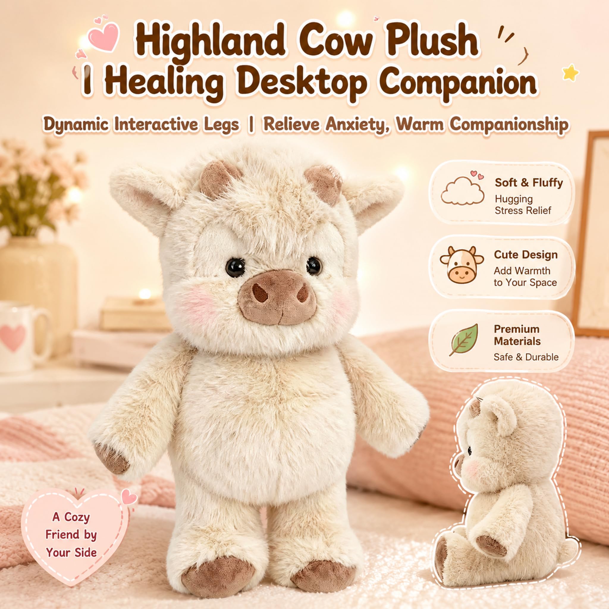 Pipihome Kuh Kuscheltier Hochlandrind, 45cm Hochlandrind Laufendes Kuscheltier, Highland Running Cow Kuscheltiere Plüschtiere, Cute Plüsch Kuh für Stressabbau Erwachsene Kinder Geburtstagsgeschenk