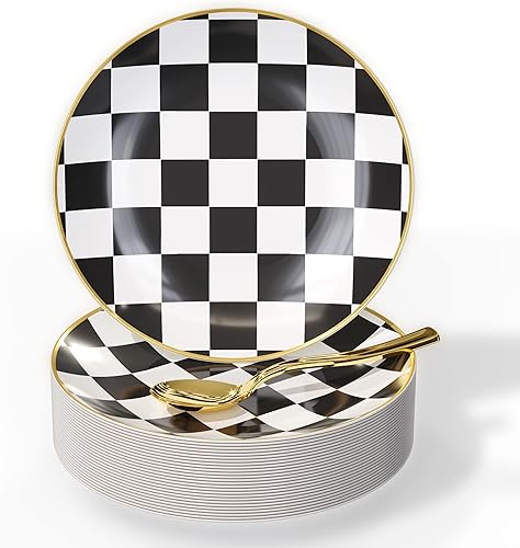 Miniatura 8 de Trendables Platos de postre desechables negros de 120 quilates con cucharas de plástico doradas (sirve para 60 personas) Platos de plástico negros