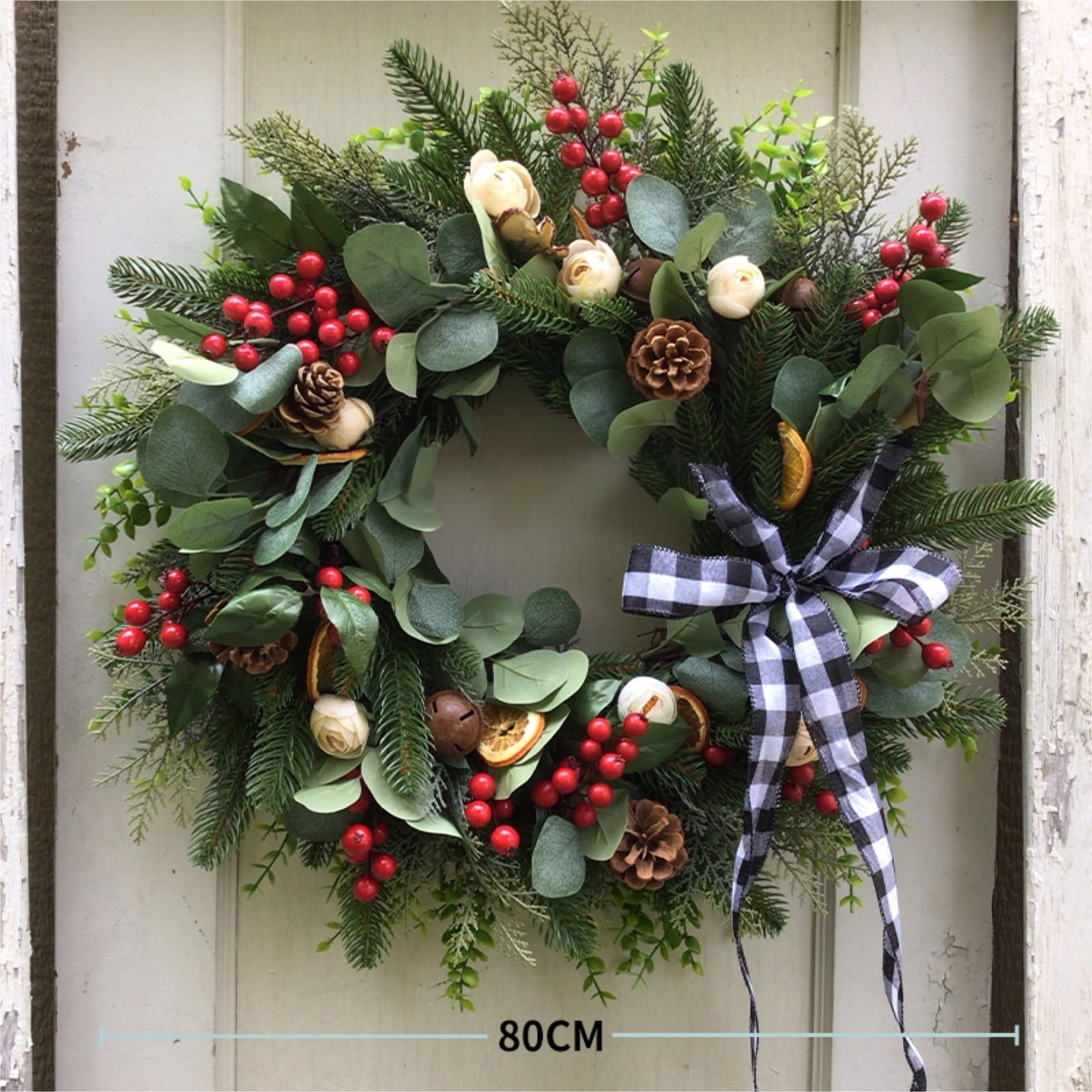 Winterkranz Dekokranz Weihnachtskranzdekoration for Die Haustür Mit Glöckchen Und Schleifen Adventskranz Christbaumschmuck(80cm)