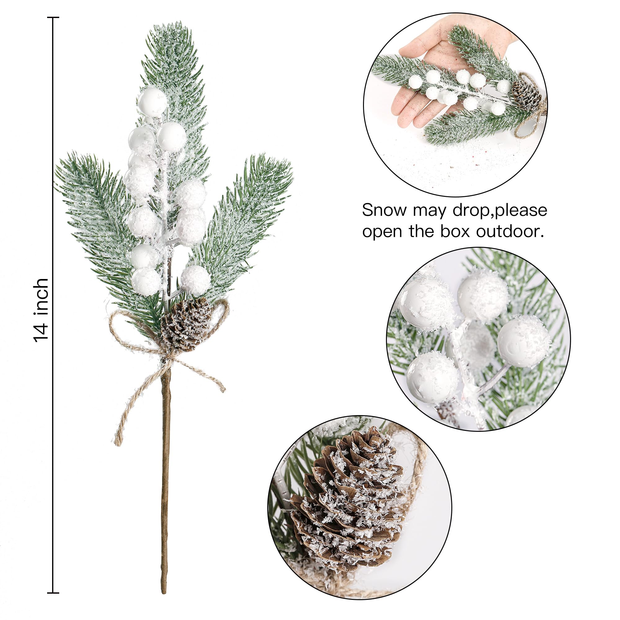 Sggvecsy 8 Stück Schnee gefrostete Weihnachtsbeeren Tannenspieße künstliche weiße Beeren Tannenzweige Faux Tannenzweige mit Tannenzapfen für Weihnachtsbaum Kranz DIY Handwerk Blumenarrangement Urlaub