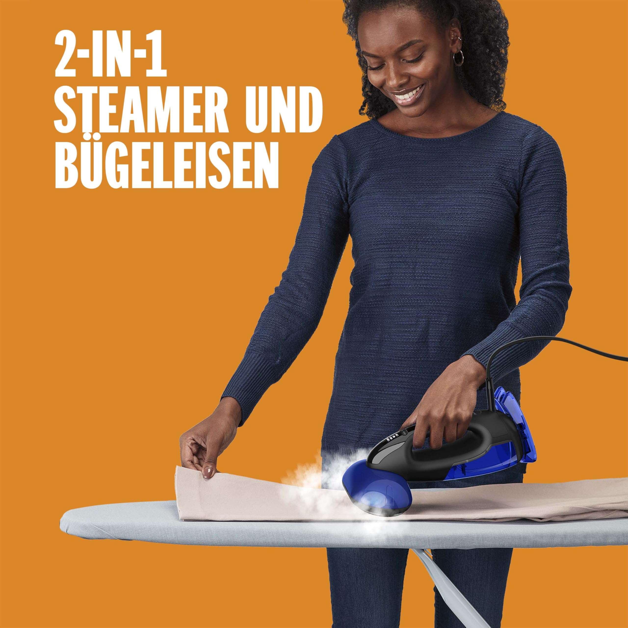 Conair 2-in-1 Steam & Iron Turbo Dampfglätter und Bügeleisen | 4 Einstellungen | Dampfleistung 33g/Min. | 10 Sek. Aufheizzeit | 3 Aufsätze alle Stoffarten | blau/schwarz