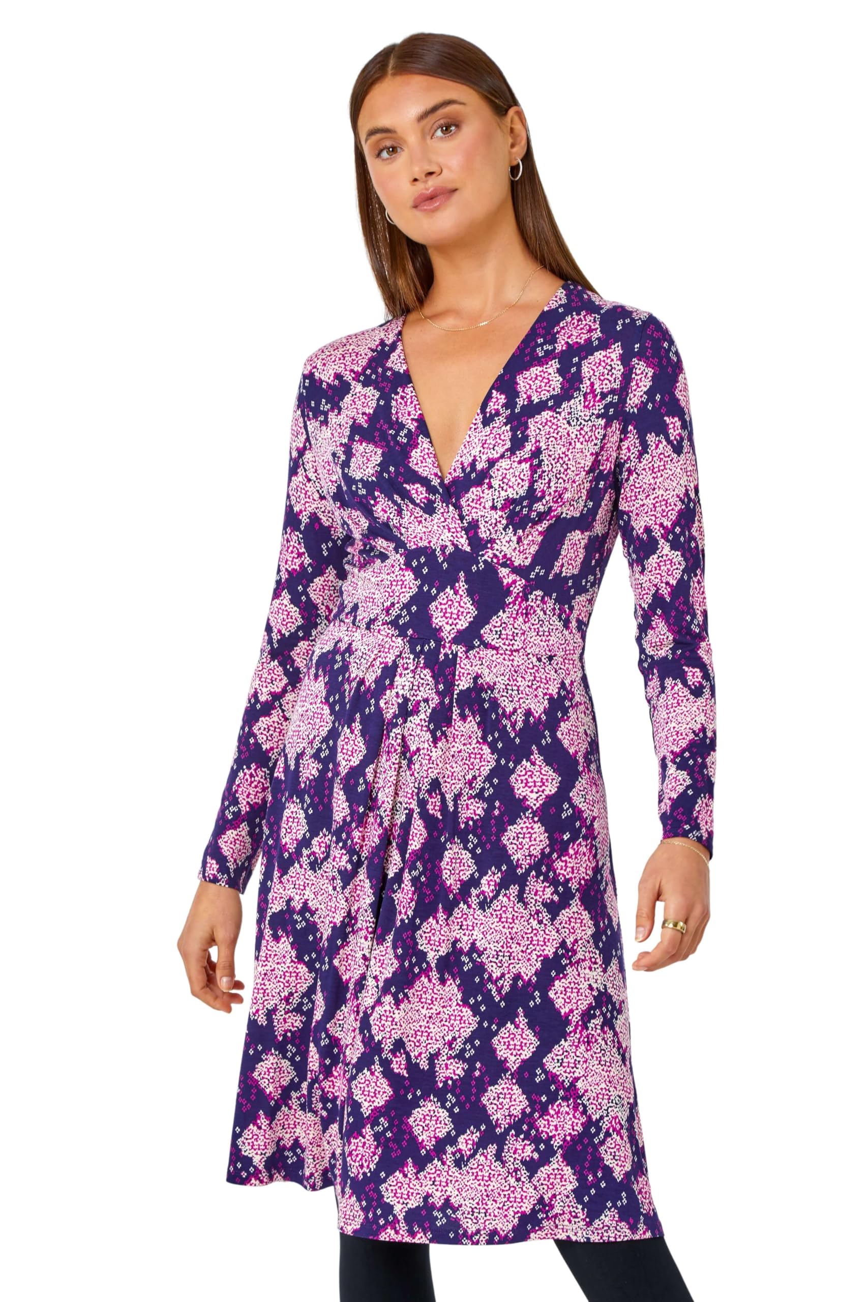 Roman Women's Purple Abstract Aztec Gathered Stretch Dress Size 12