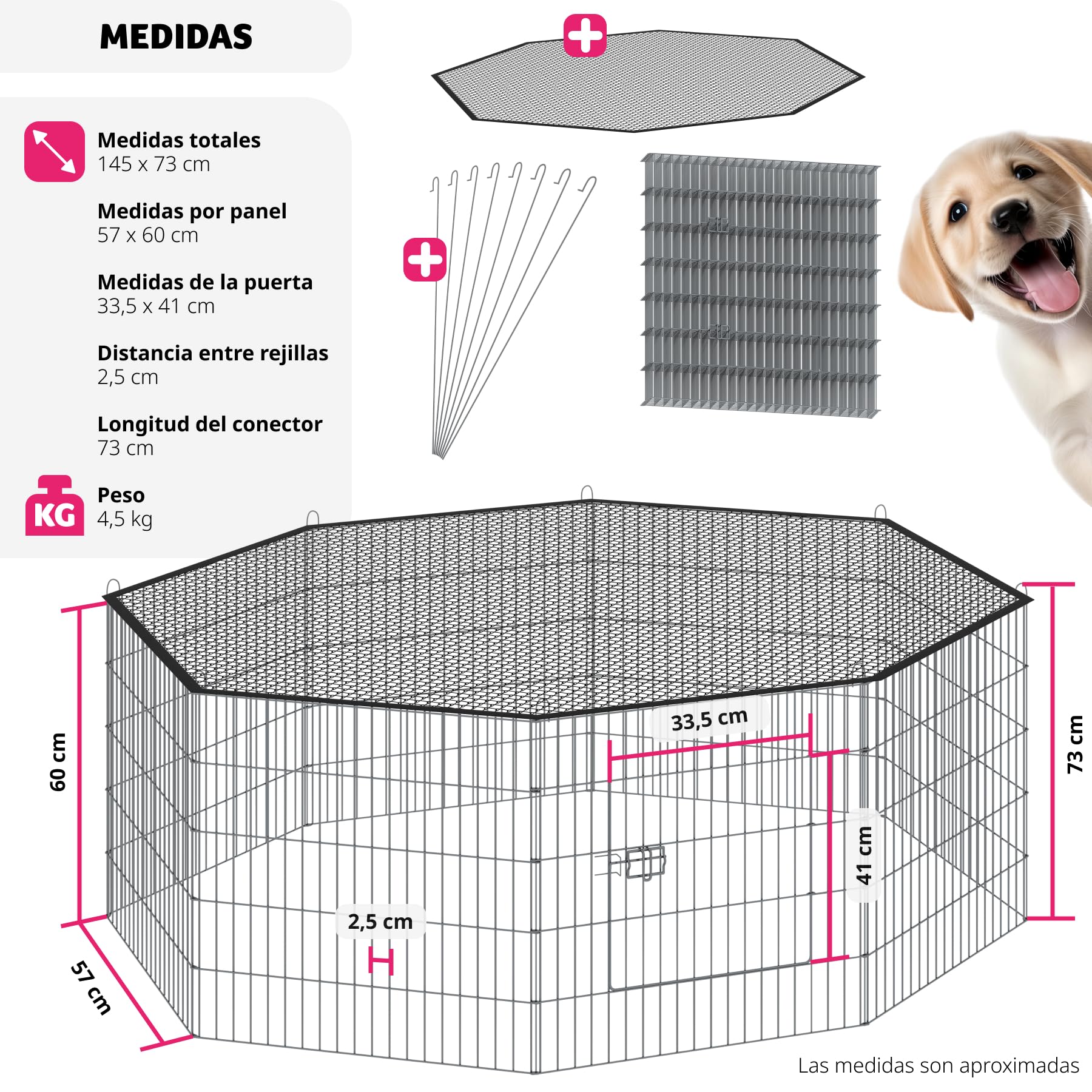 Parque para Perros con 8 Piezas de Rejilla, Puerta de Seguridad Doble Cierre, Vallas para Perros, Red de Seguridad incluida, Cercado Ampliable - 145 x 145 x 73 cm