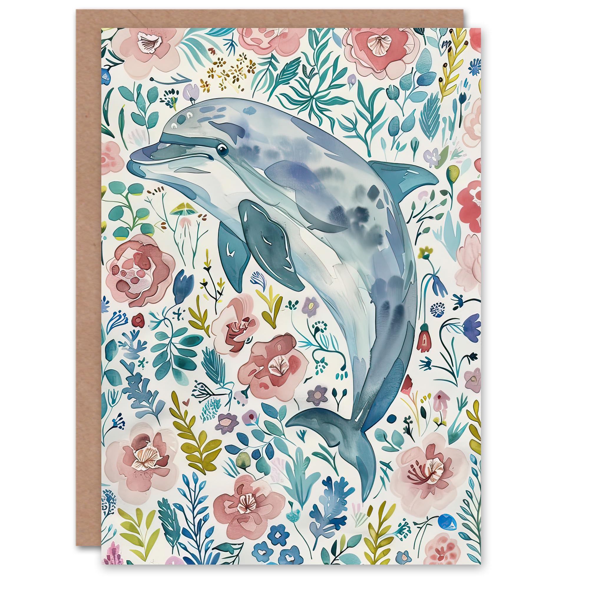 Artery8 Greeting Card Dolphin with Wildflowers Pink Blue Watercolour For Her Woman Birthday Card